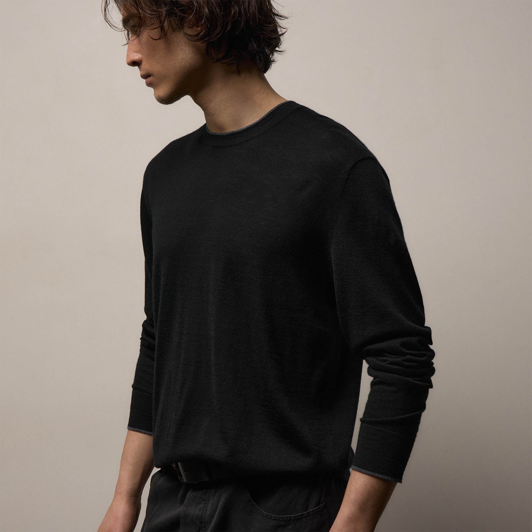 Ultrafine Cashmere Tipped Crew - Black/Charcoal