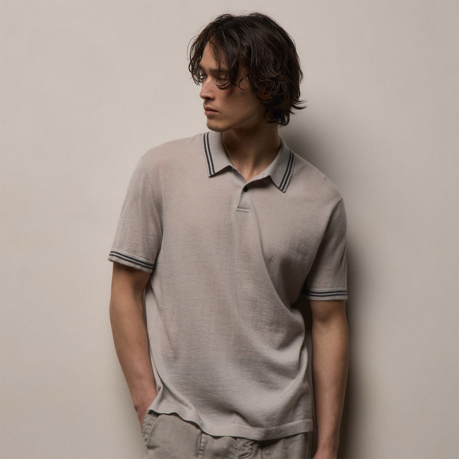 Ultrafine Cashmere Tipped Polo - Fog/Charcoal