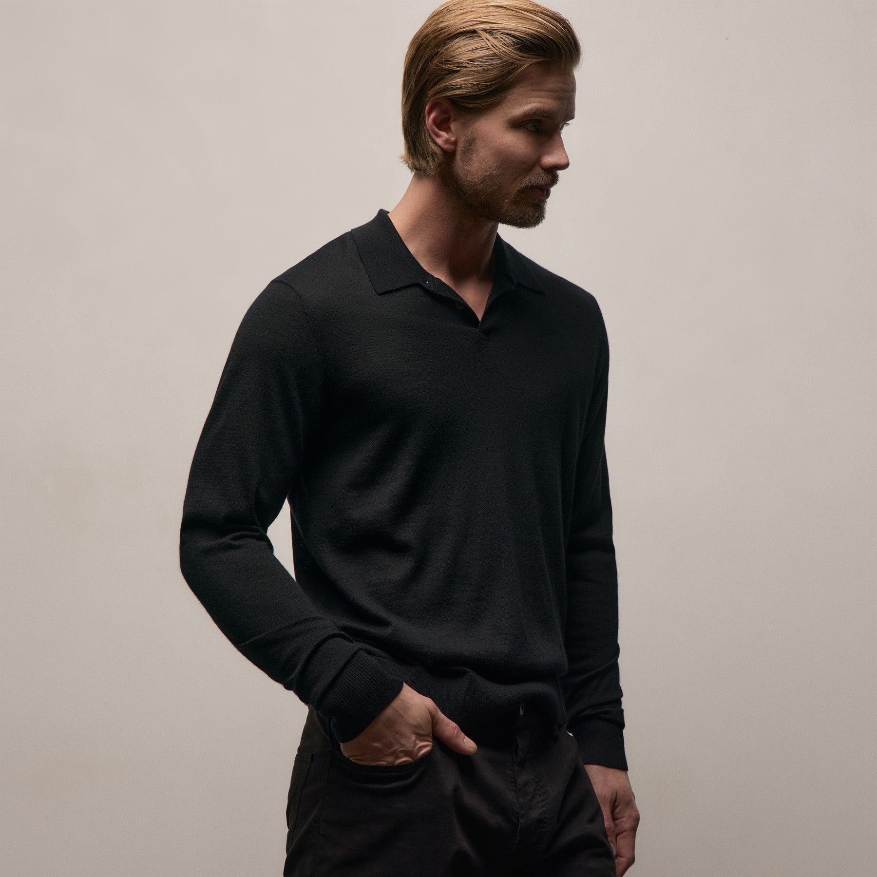 Ultrafine Cashmere Long Sleeve Polo - Black