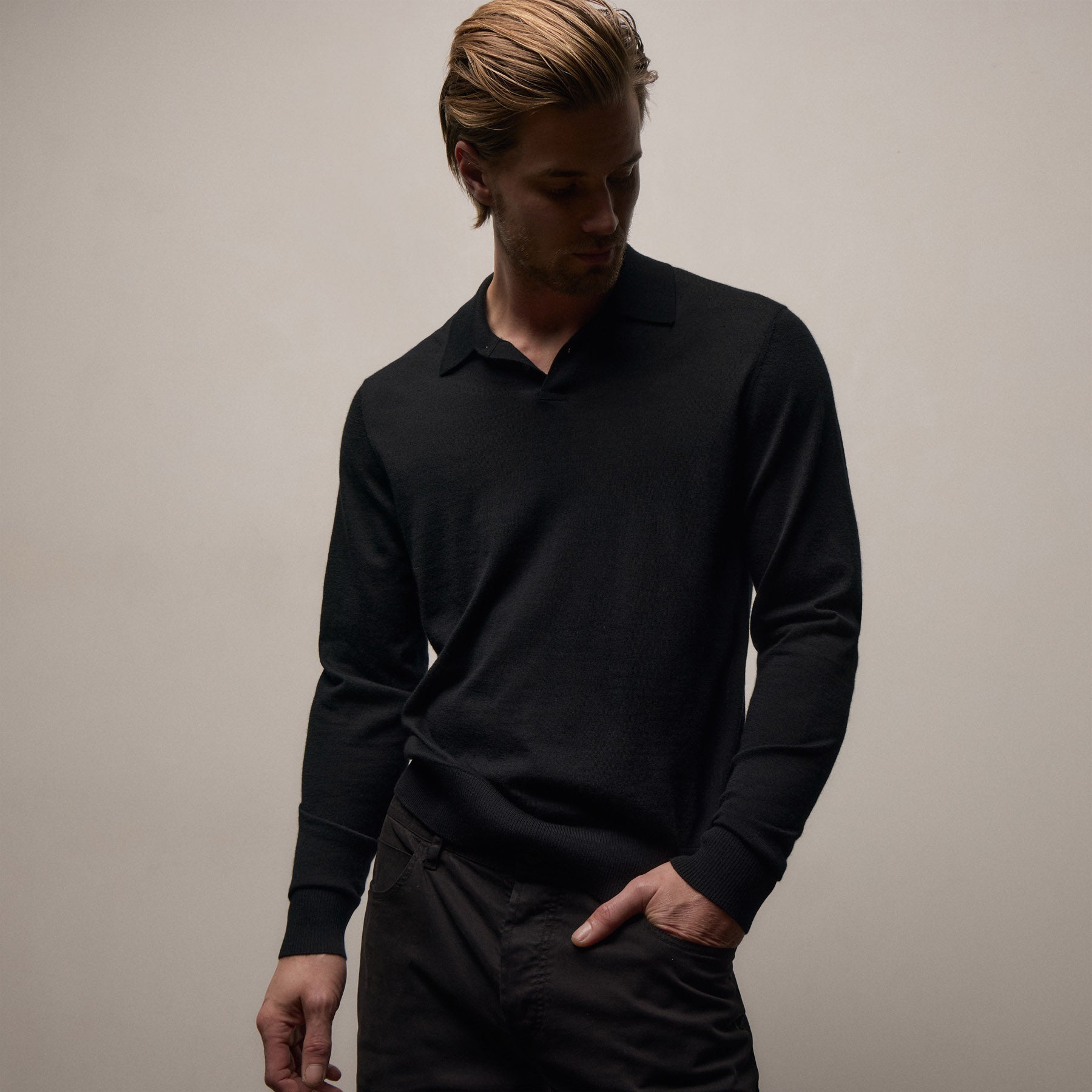Ultrafine Cashmere Long Sleeve Polo - Black