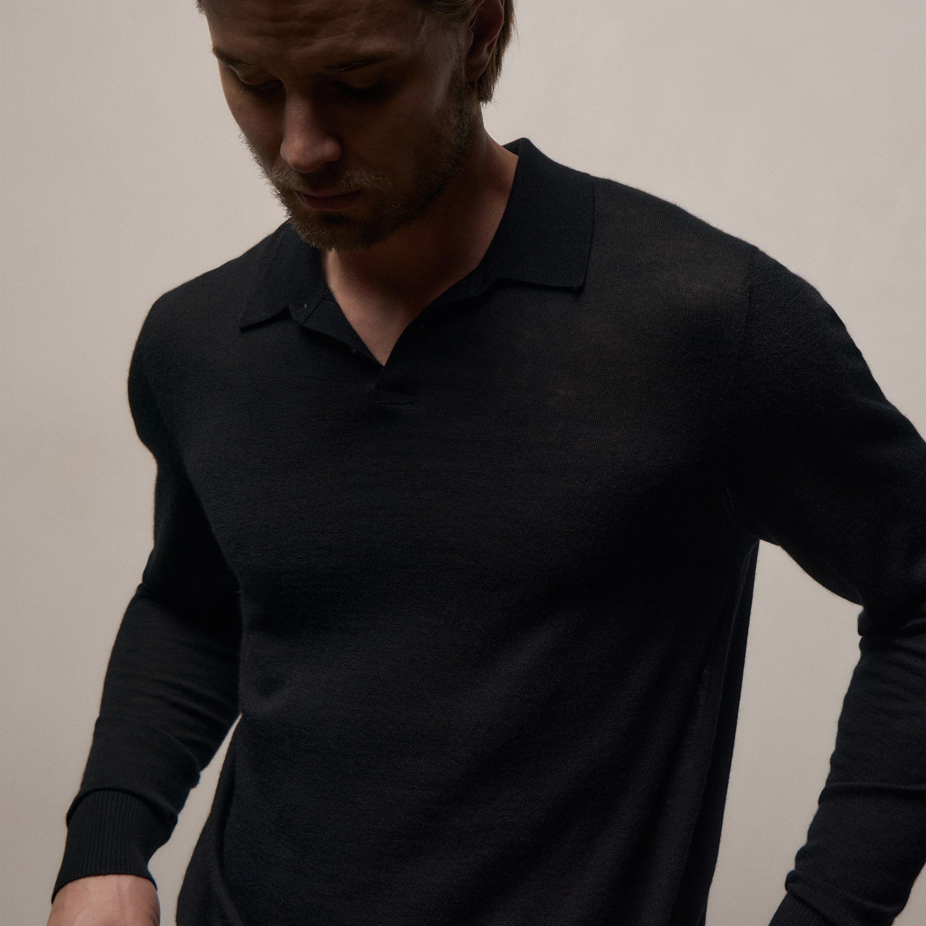 Ultrafine Cashmere Long Sleeve Polo - Black