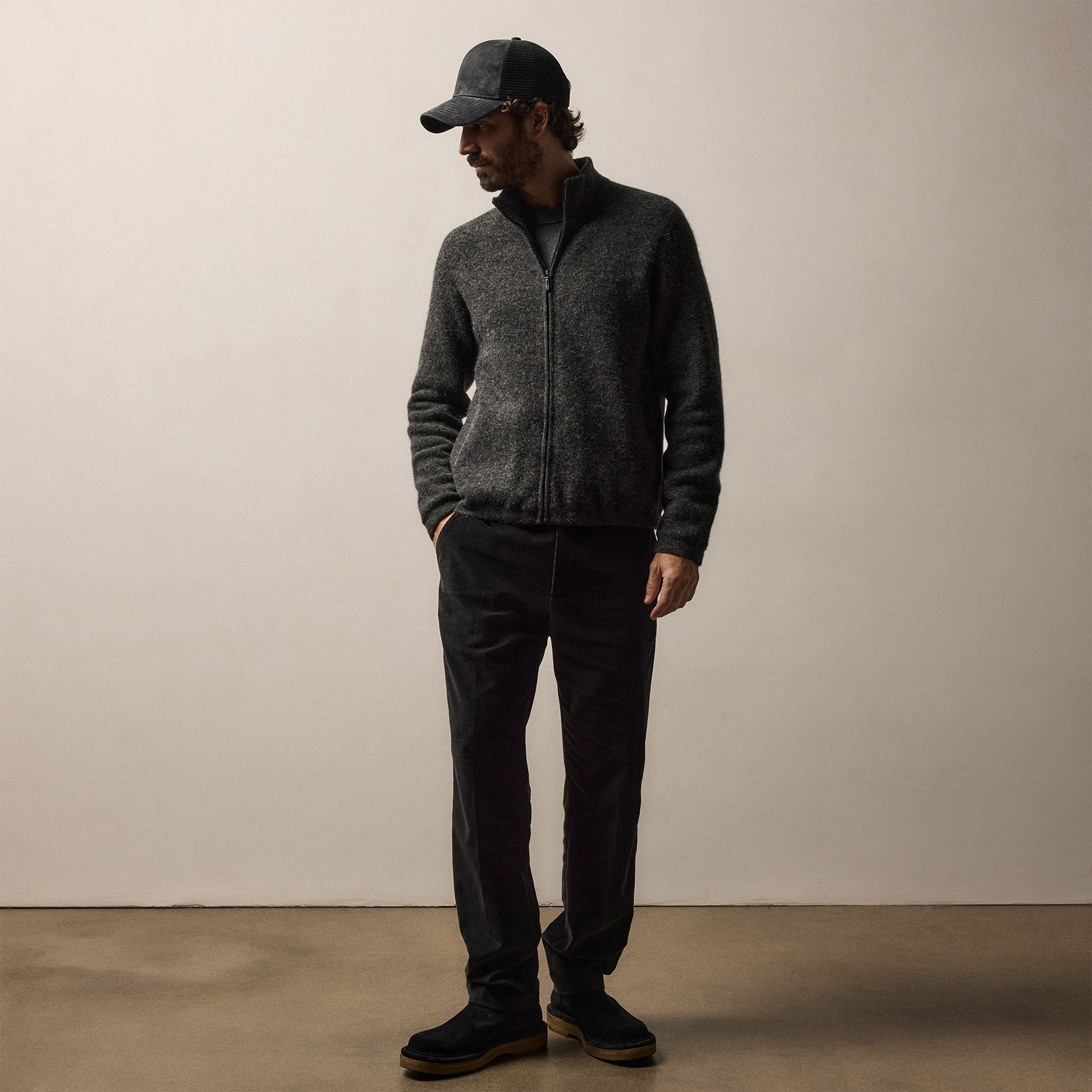 Wool Alpaca Stretch Zip Front - Anthracite