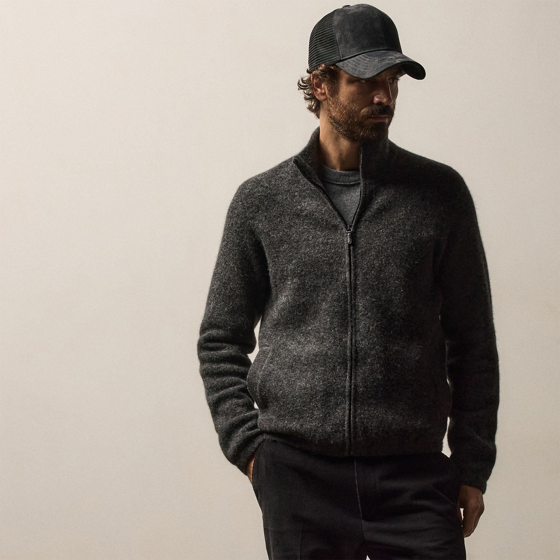 Wool Alpaca Stretch Zip Front - Anthracite