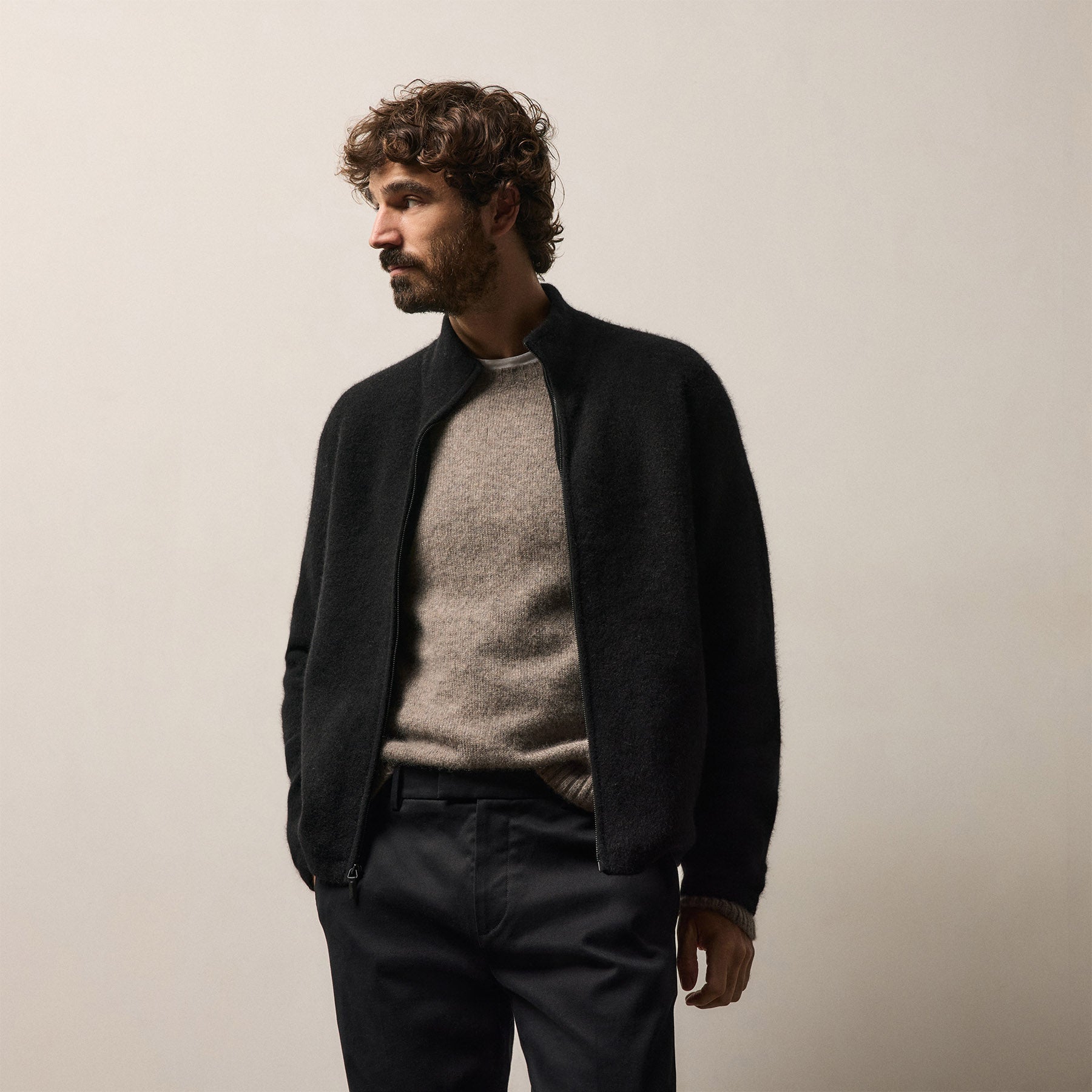 Wool Alpaca Stretch Zip Front - Black