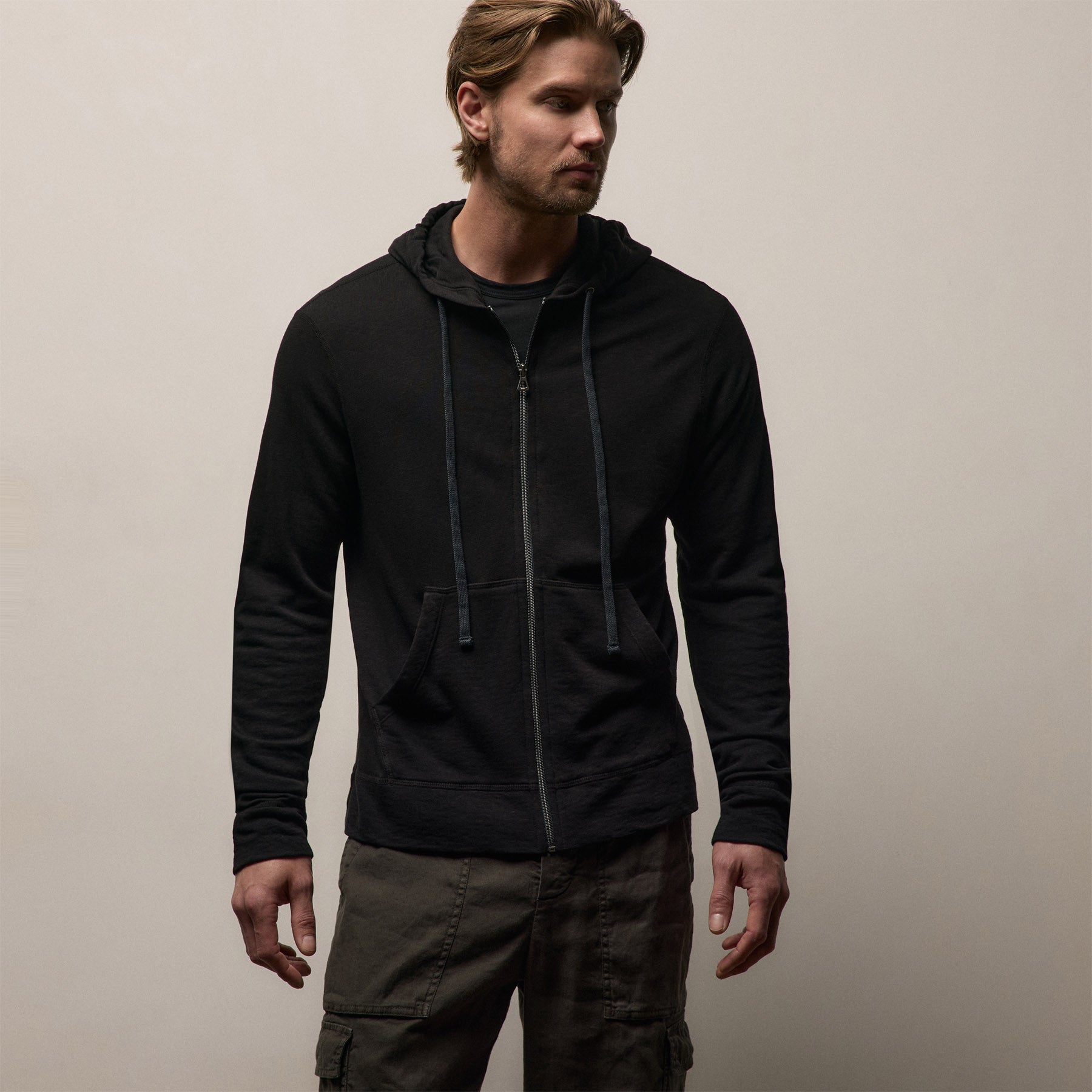 Vintage French Terry Zip Up Hoodie - Black