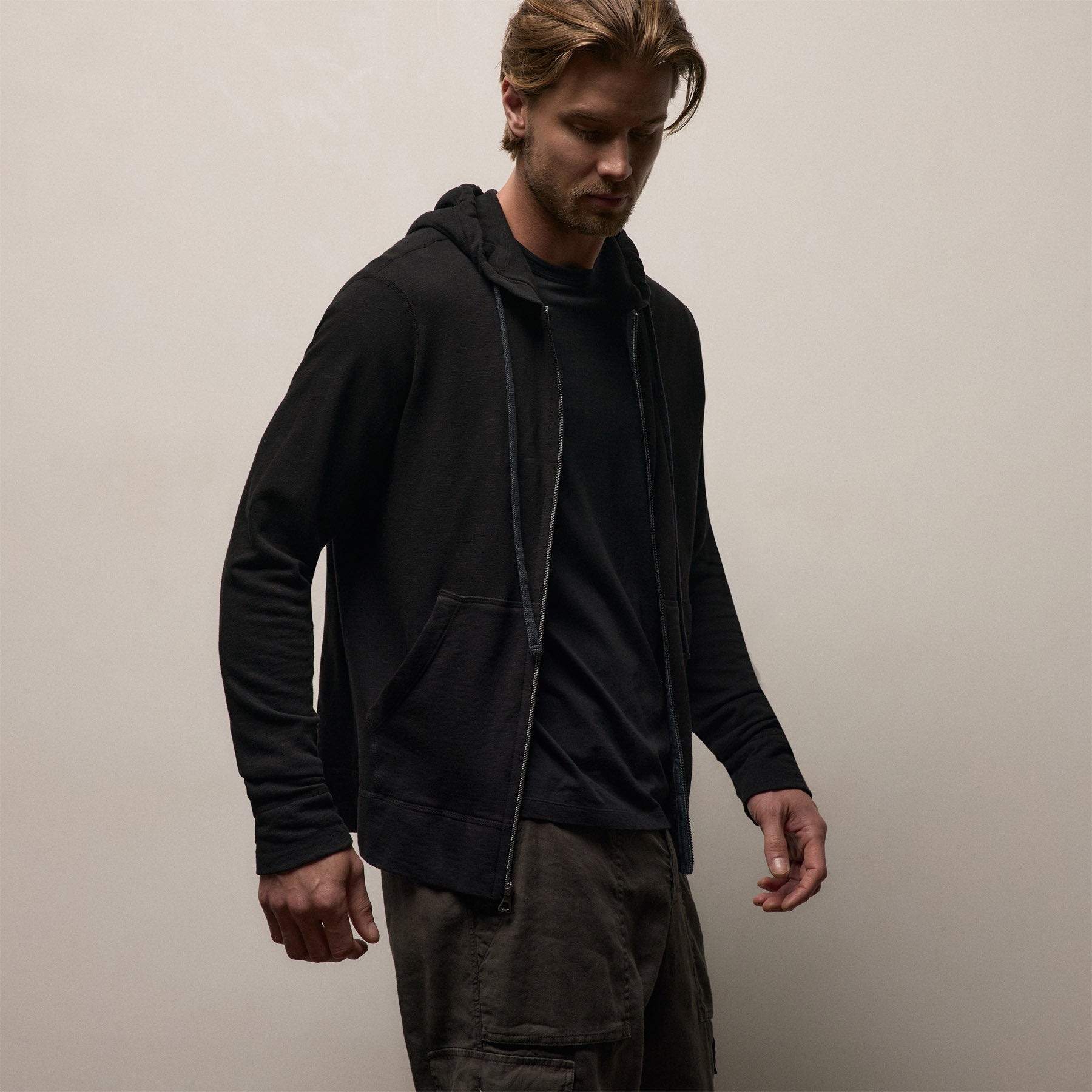 Vintage French Terry Zip Up Hoodie - Black
