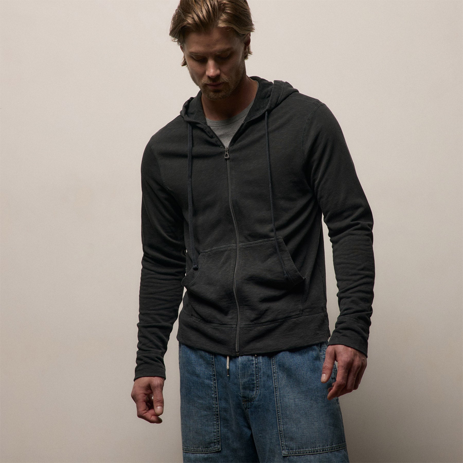 Vintage French Terry Zip Up Hoodie - Carbon Pigment