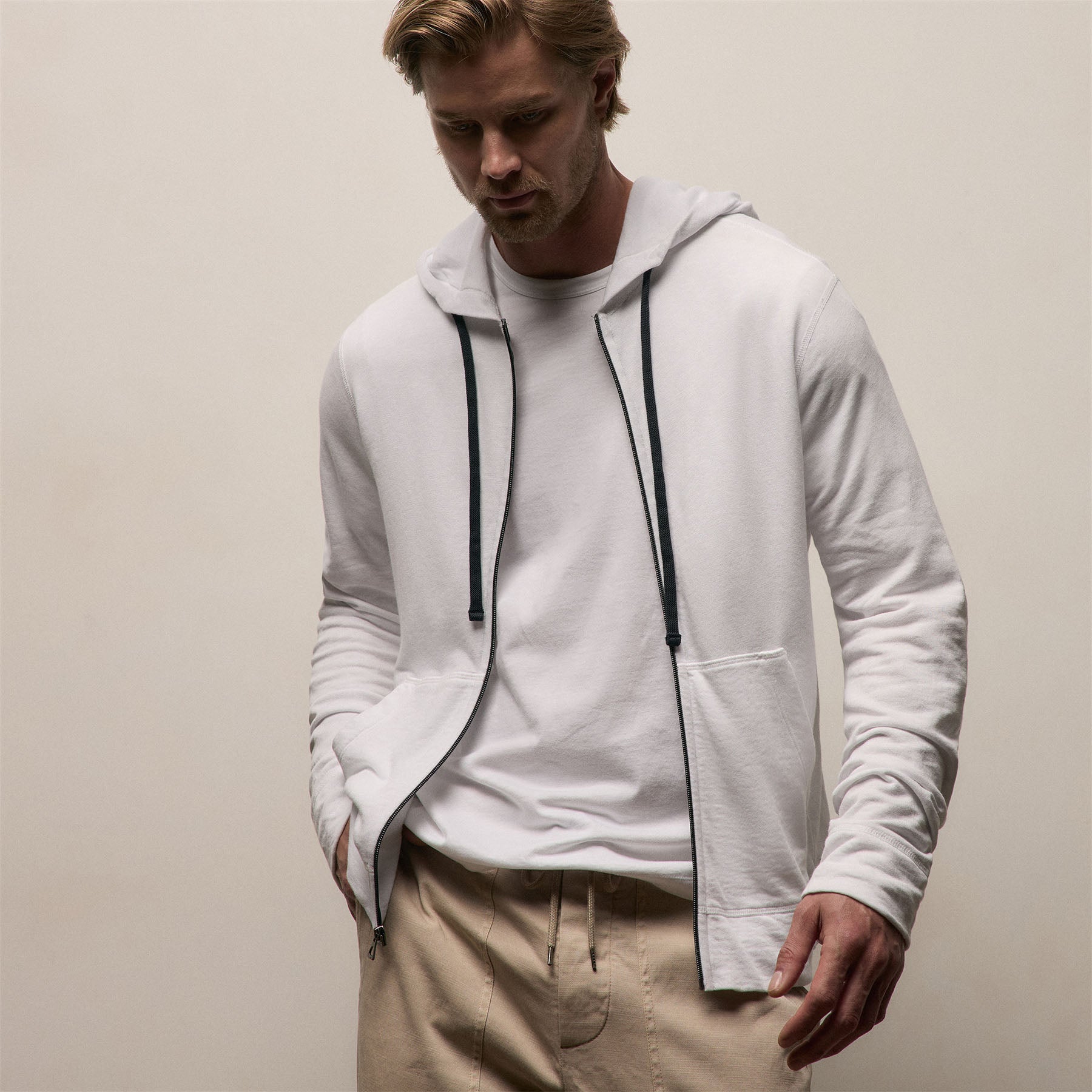 Vintage French Terry Zip Up Hoodie - White