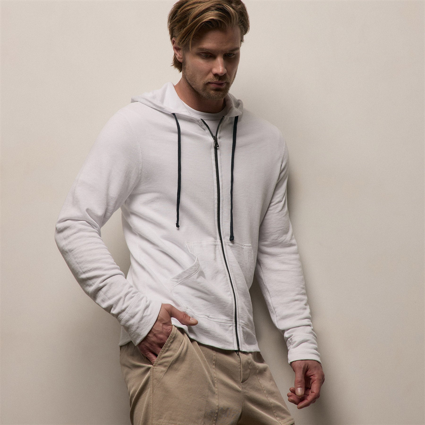 Vintage French Terry Zip Up Hoodie - White