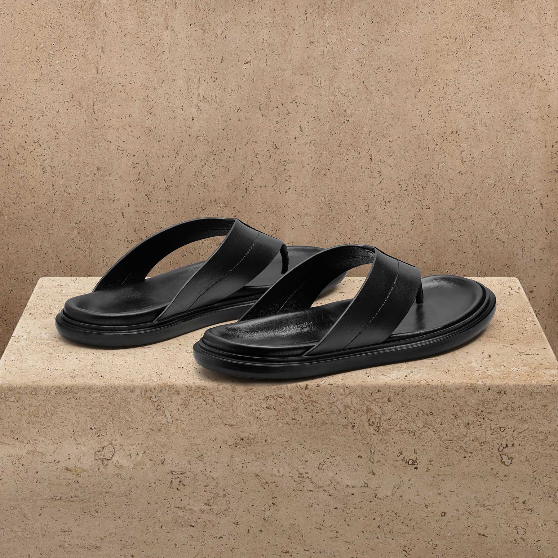 Men's Calf Leather Thong Sandal - Black