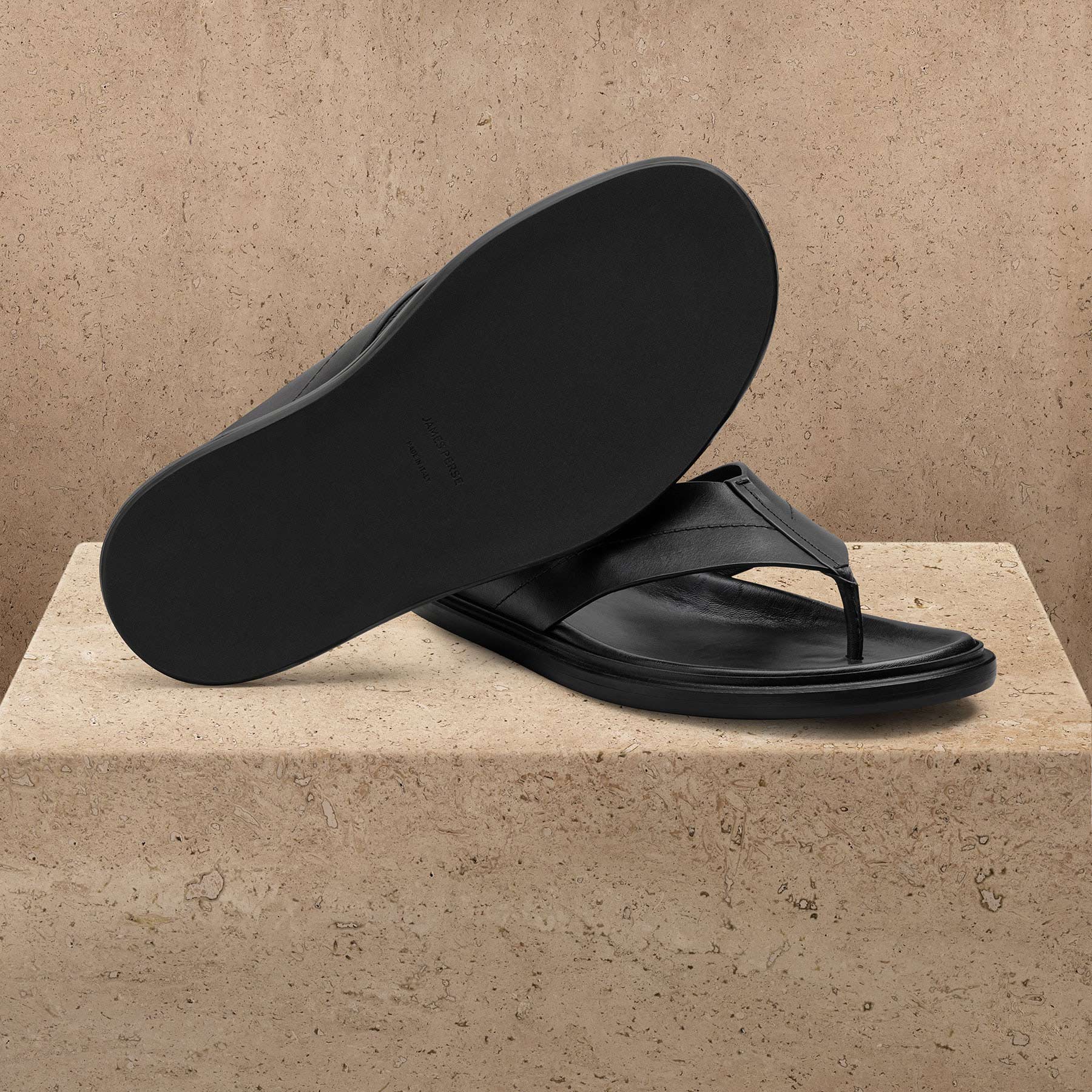 Men's Calf Leather Thong Sandal - Black