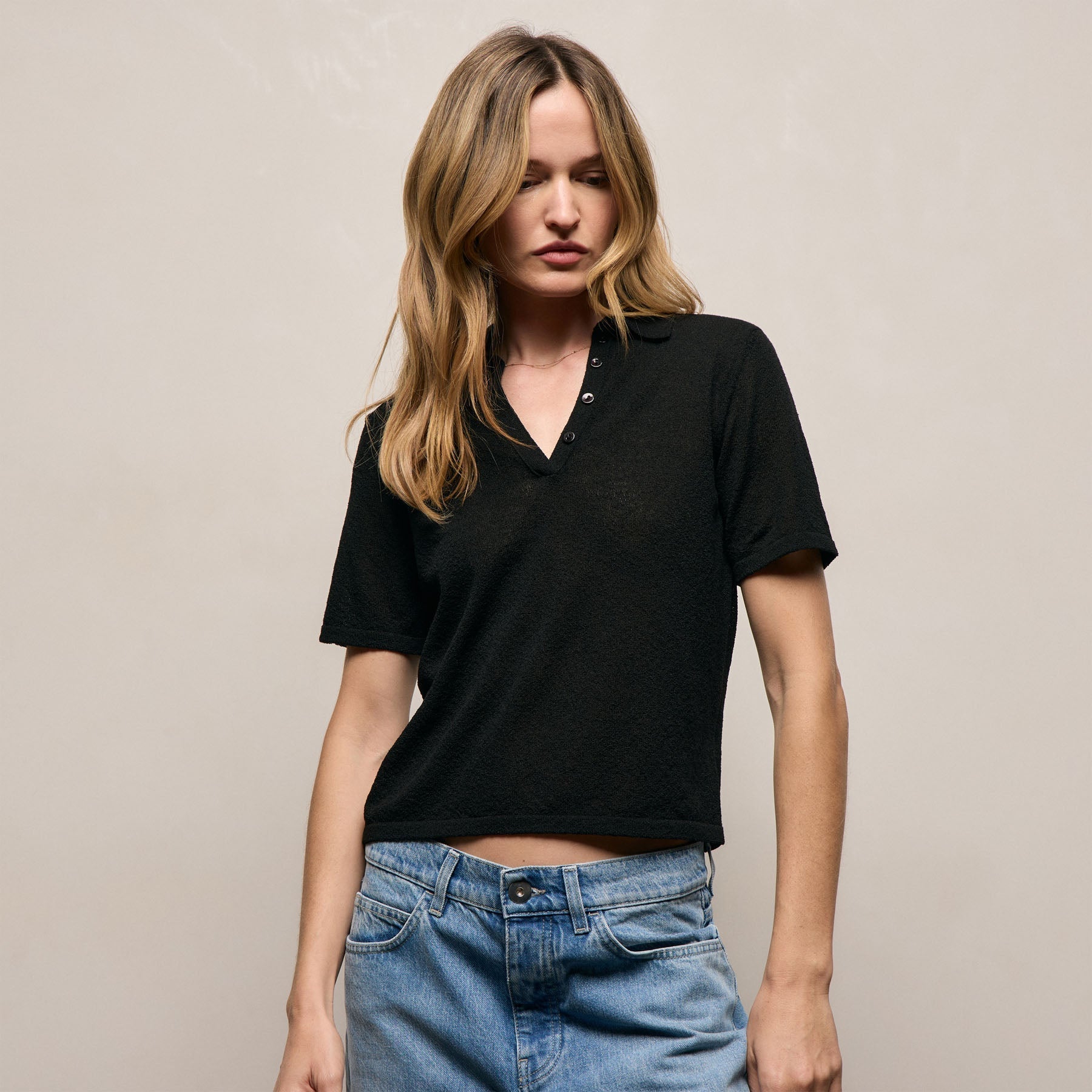 Fine Knit Short Sleeve Polo - Black