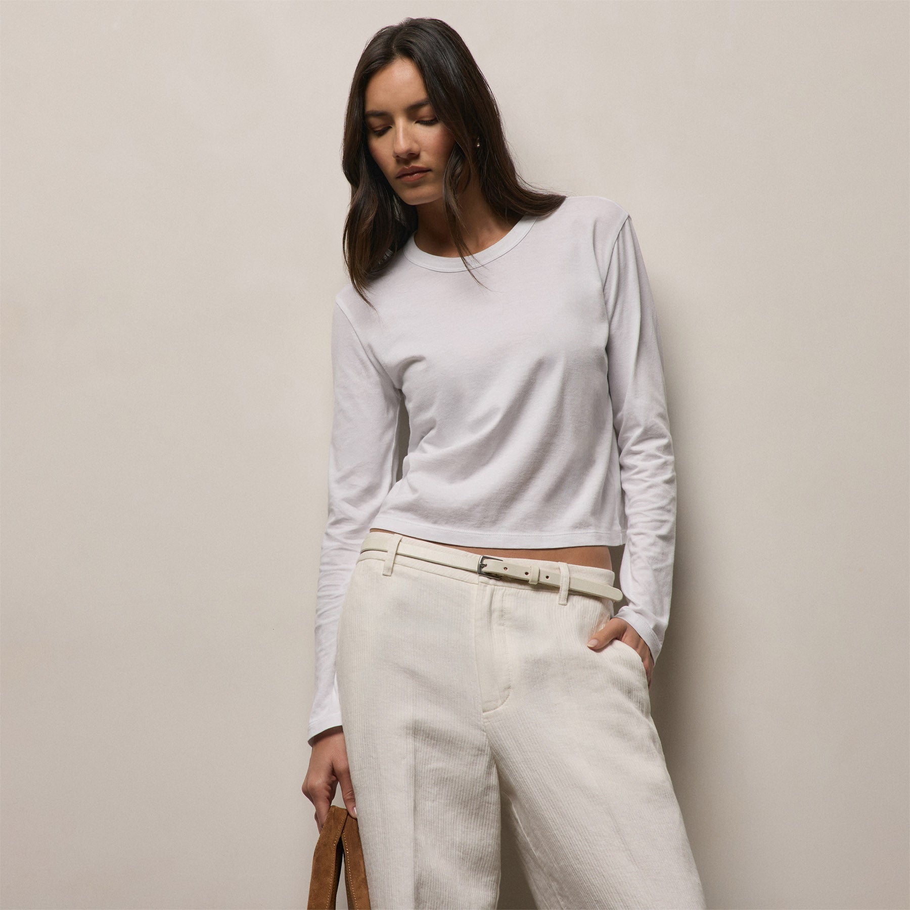 Brushed Elevated Jersey Long Sleeve Tee - White