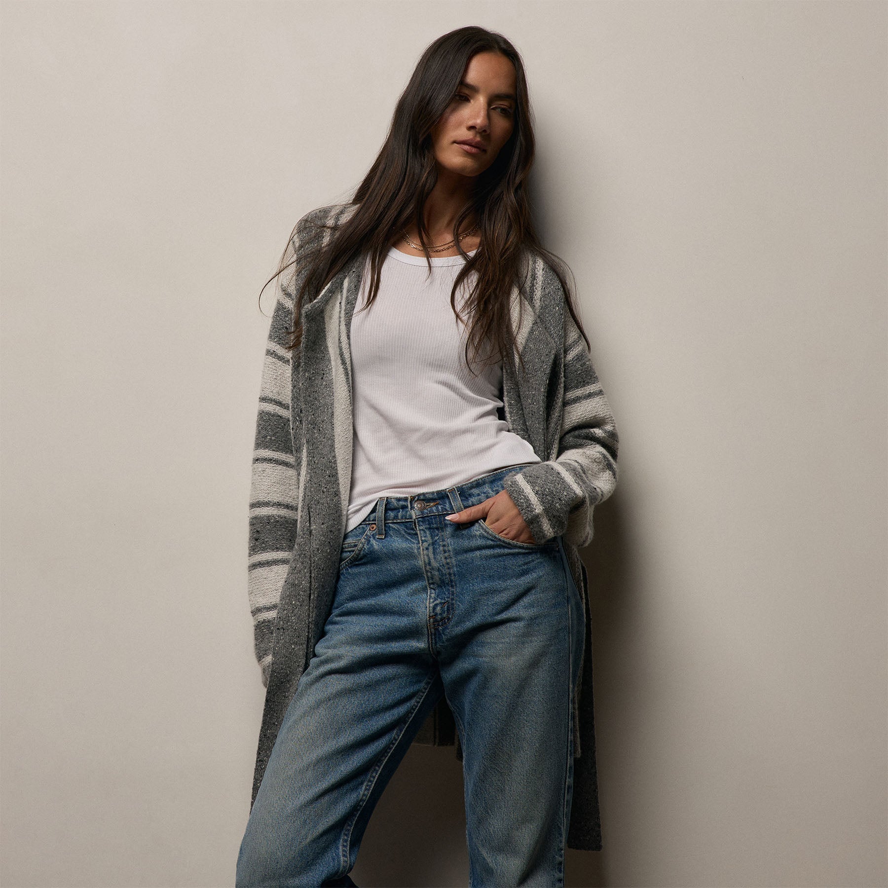Baja Stripe Cashmere Cardigan - Heather Grey/Pearl