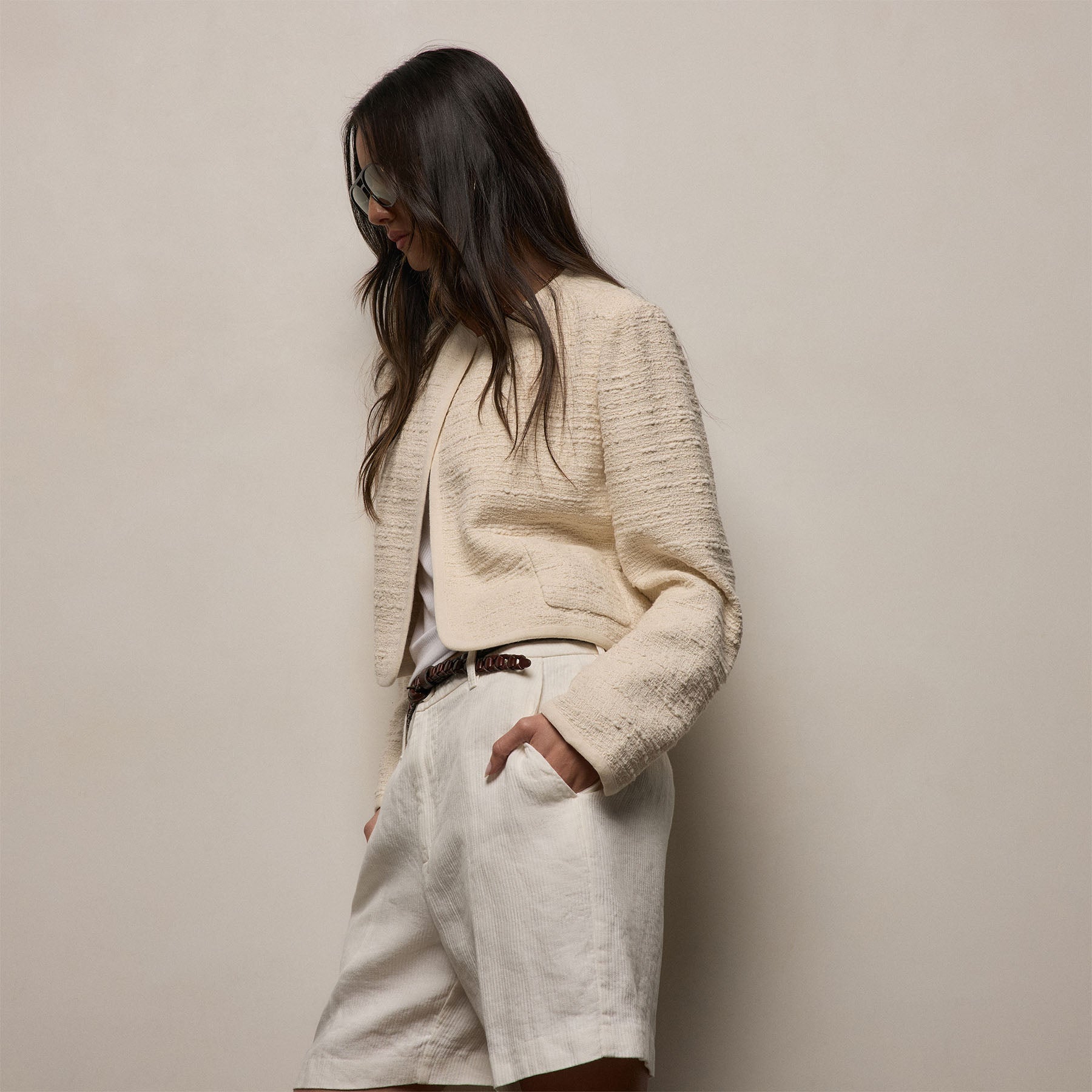 Cropped Boucle Open Jacket - Natural