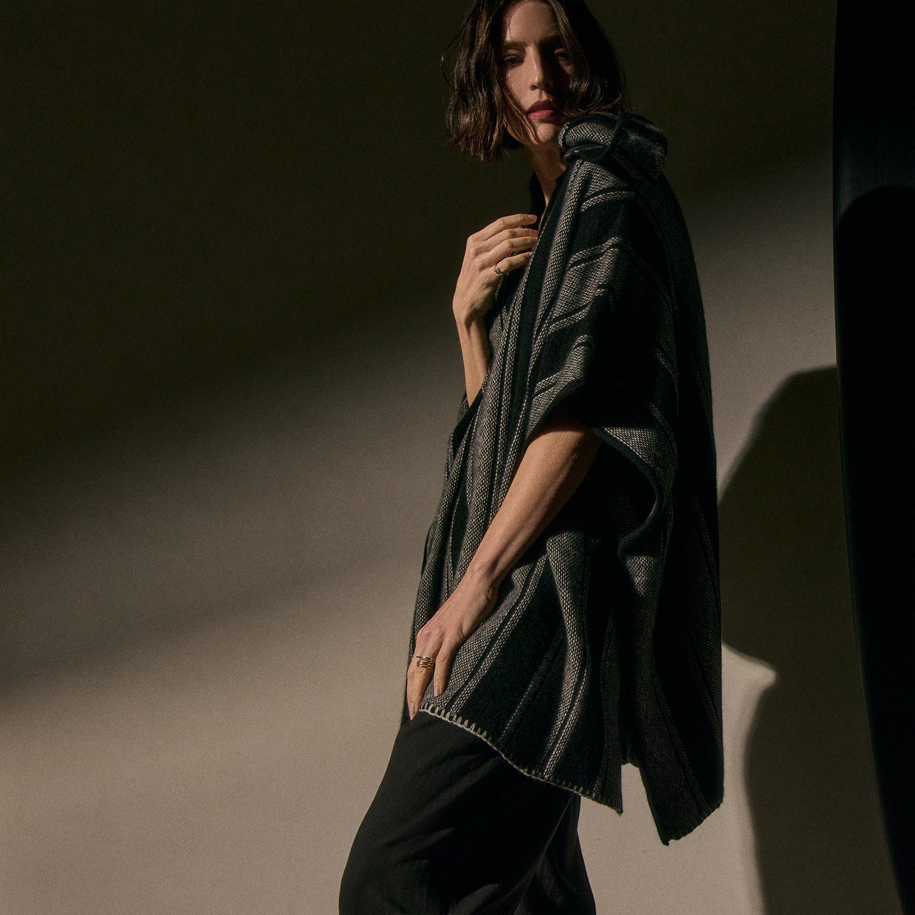 Baja Stripe Cashmere Poncho - Black Stripe