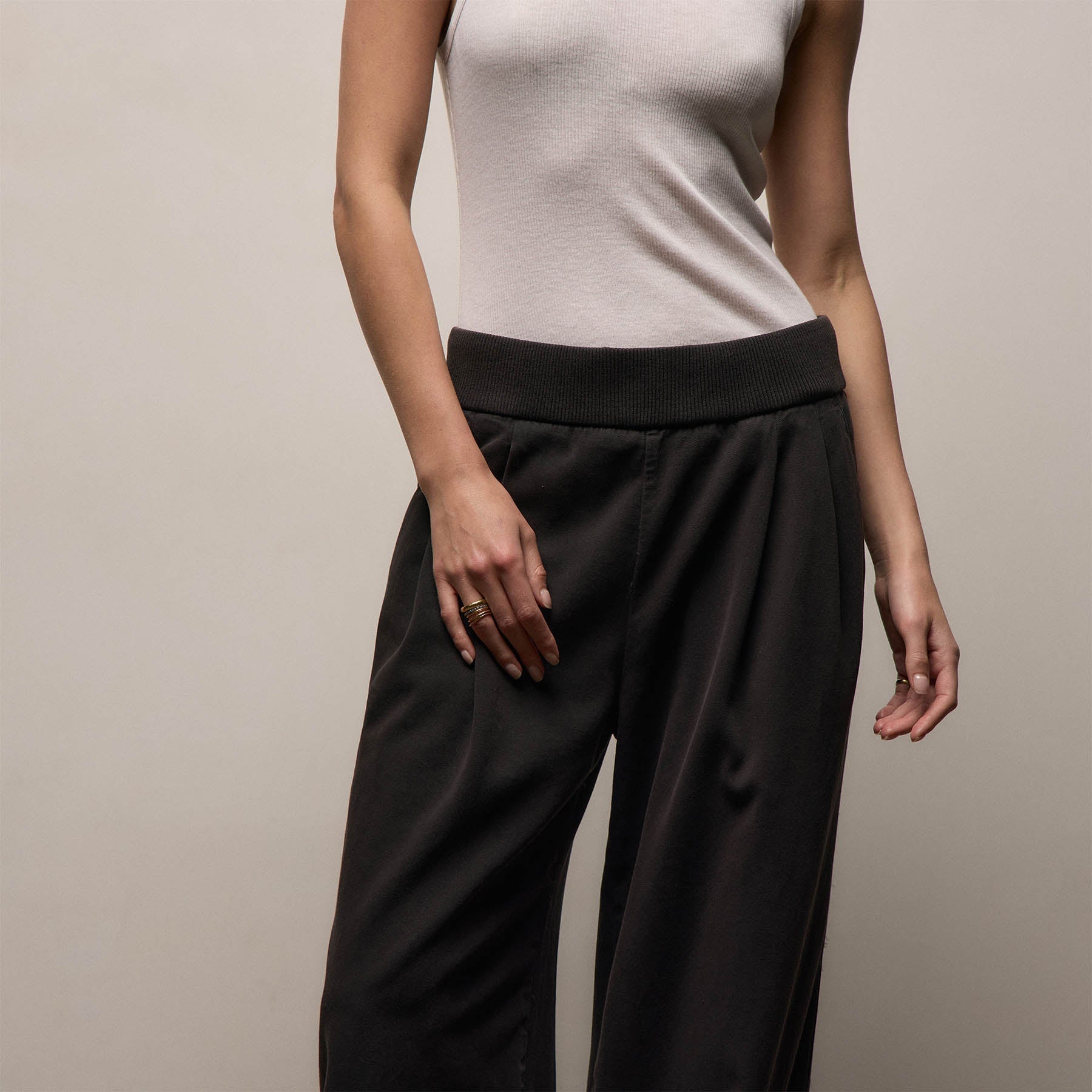 Ribbed Waist Wide Leg Pant - Black