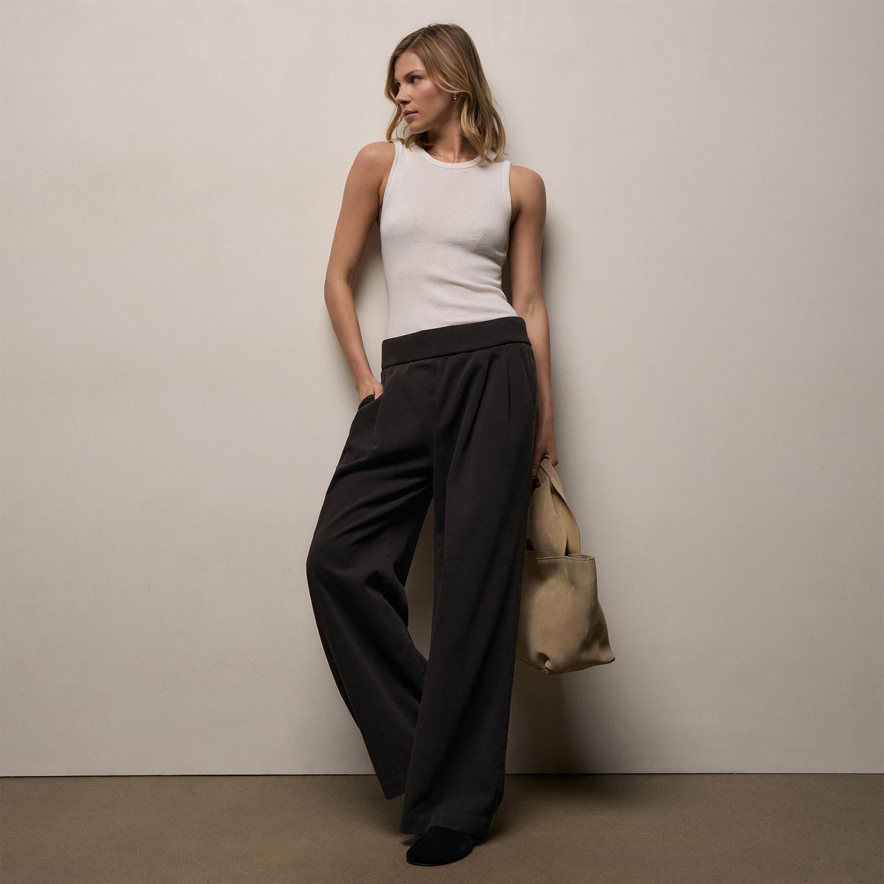 Ribbed Waist Wide Leg Pant - Black