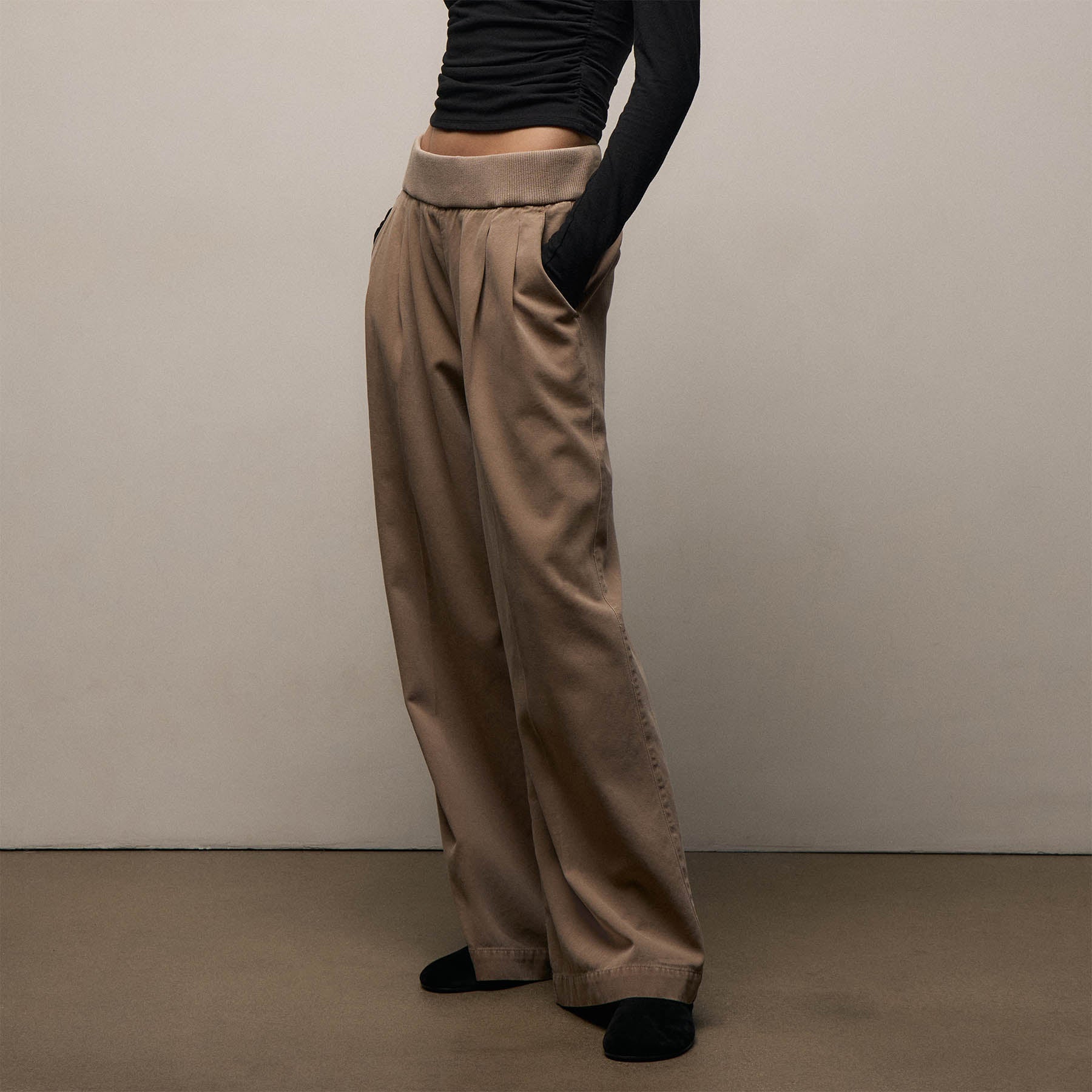 Ribbed Waist Wide Leg Pant - Coffee Pigment