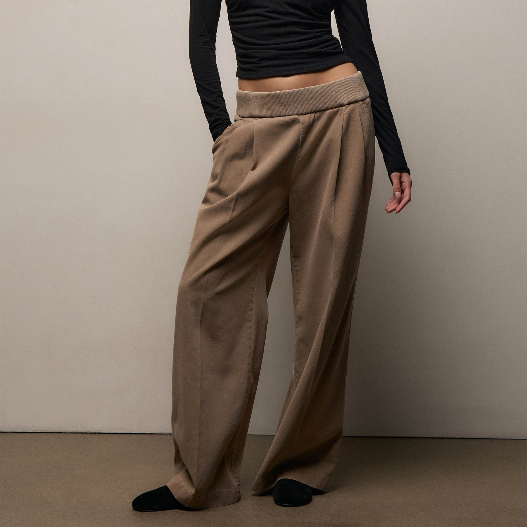 Ribbed Waist Wide Leg Pant - Coffee Pigment