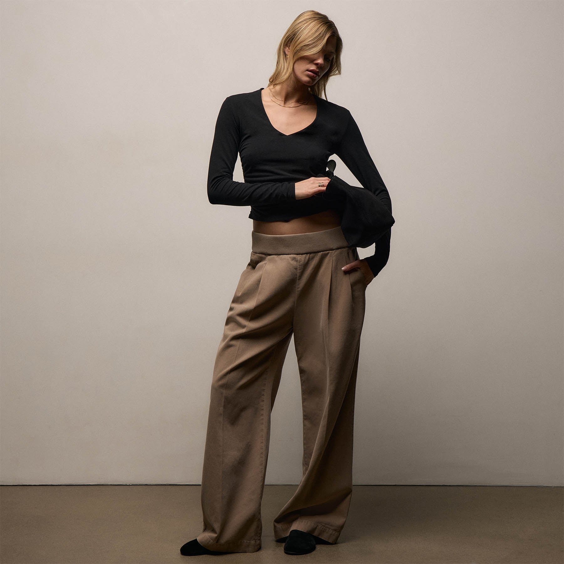 Ribbed Waist Wide Leg Pant - Coffee Pigment
