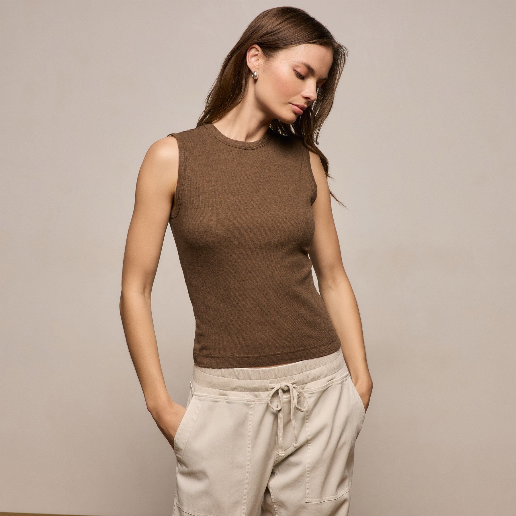 Cotton Cashmere Rib Tank - Brown