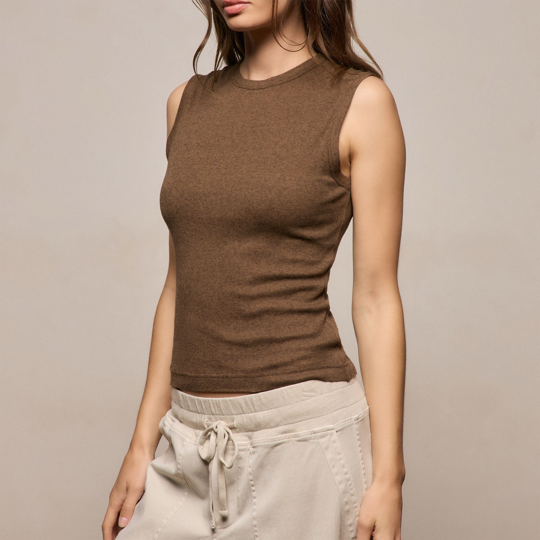 Cotton Cashmere Rib Tank - Brown