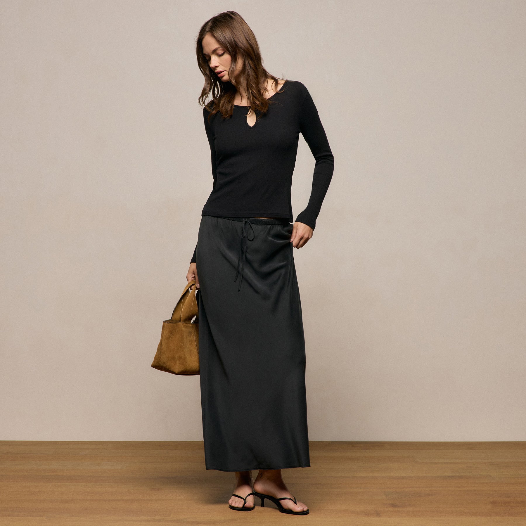 Cotton Cashmere Rib Keyhole Top - Black