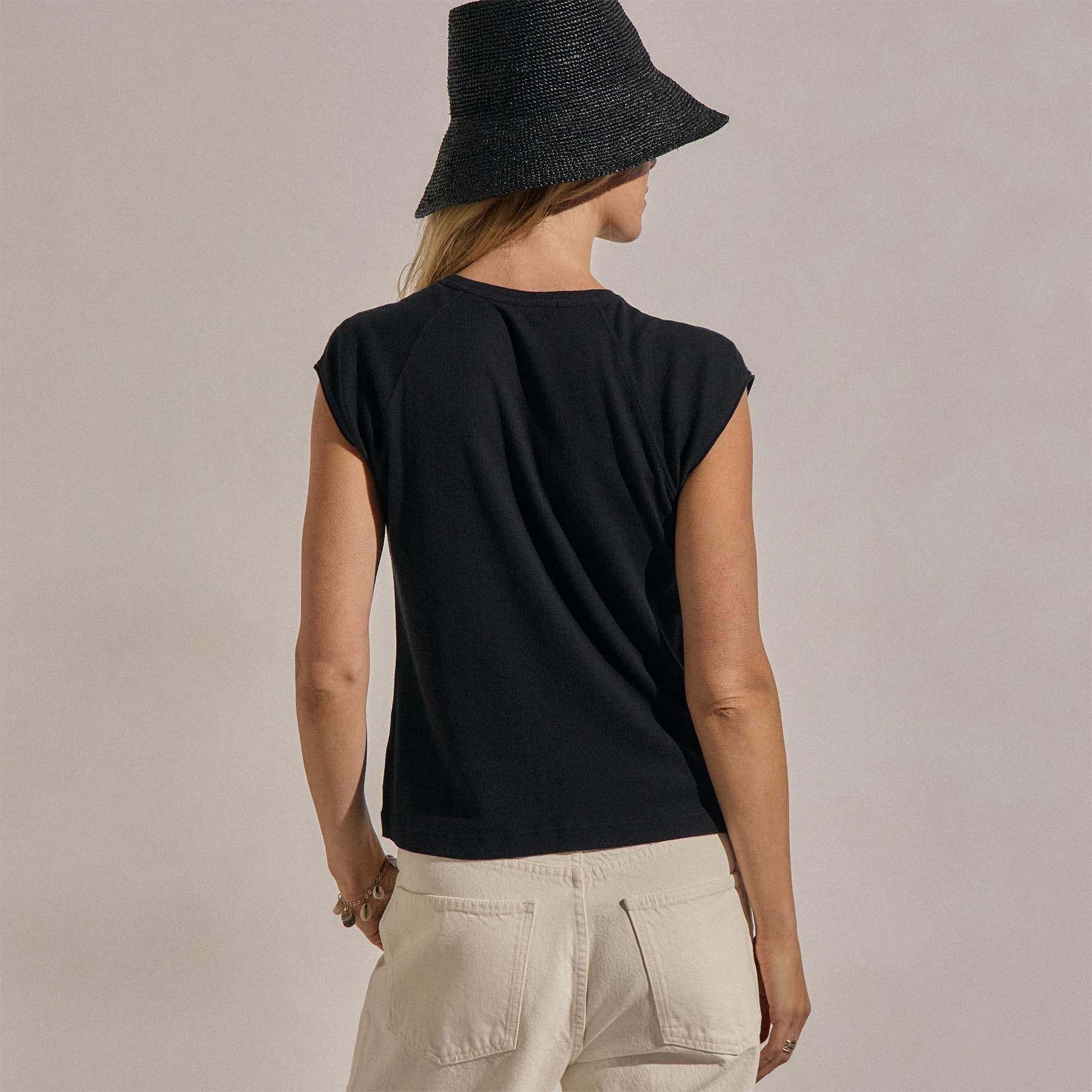 Cotton Cashmere Ribbed Raglan Tee - Black