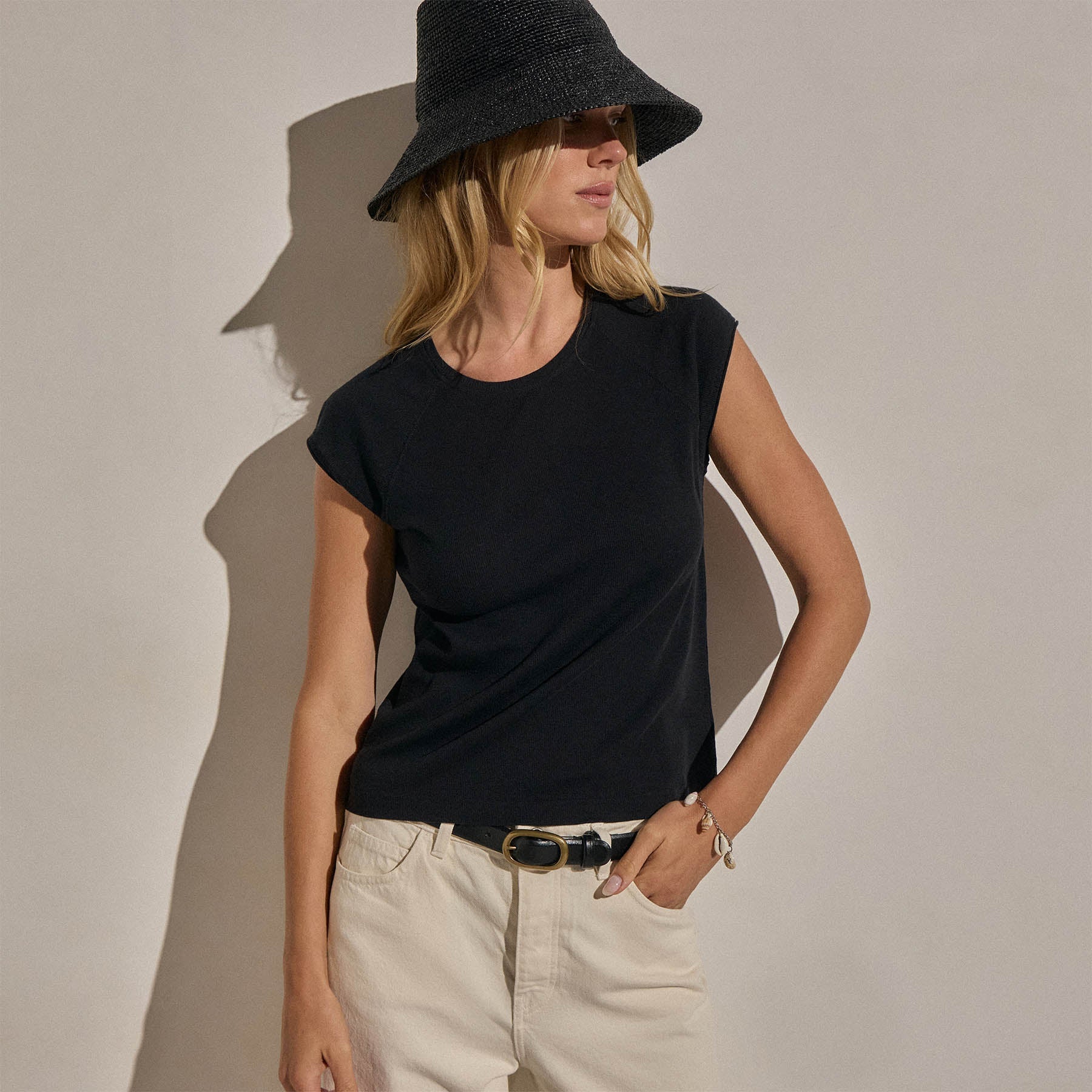 Cotton Cashmere Ribbed Raglan Tee - Black