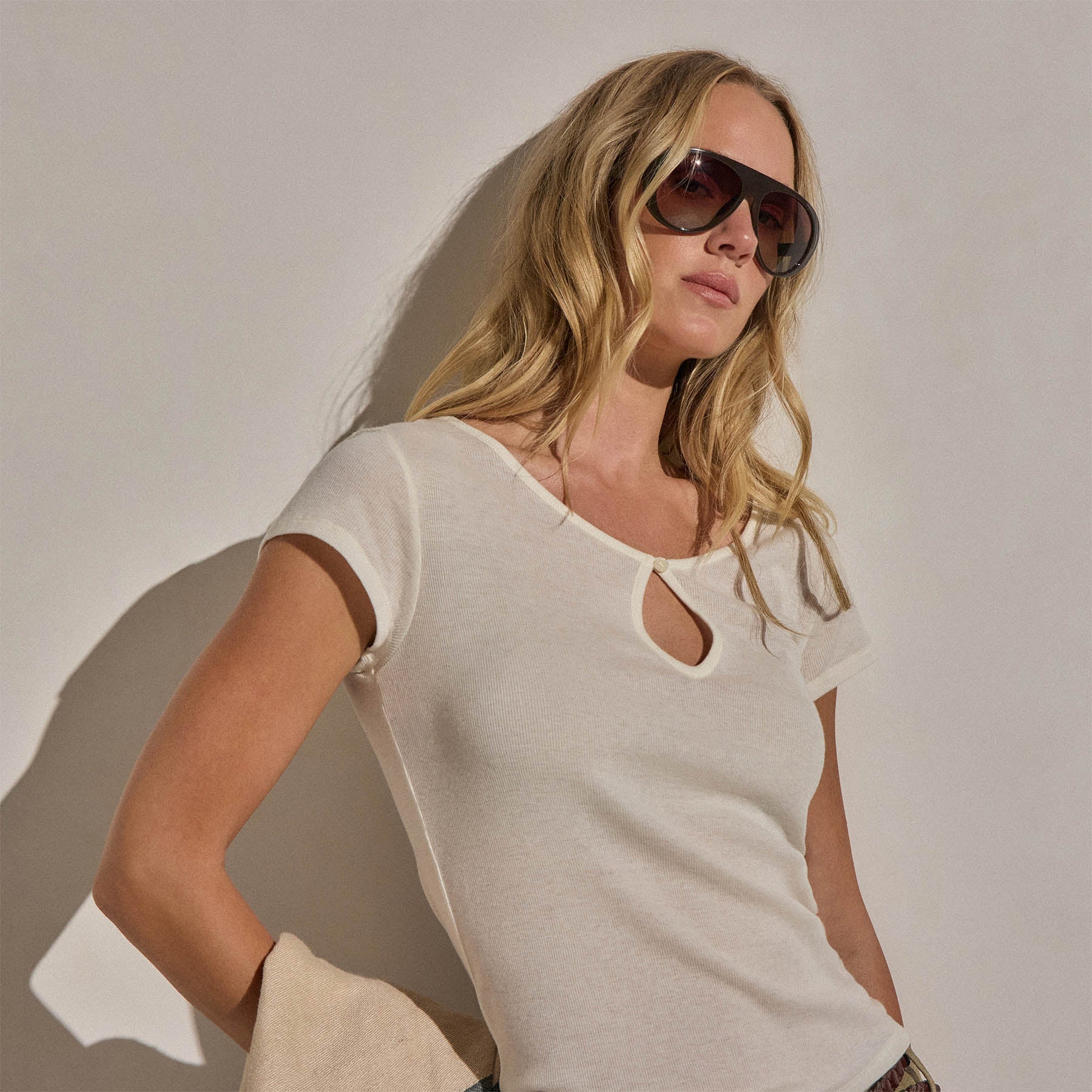 Cotton Cashmere Keyhole Tee - White