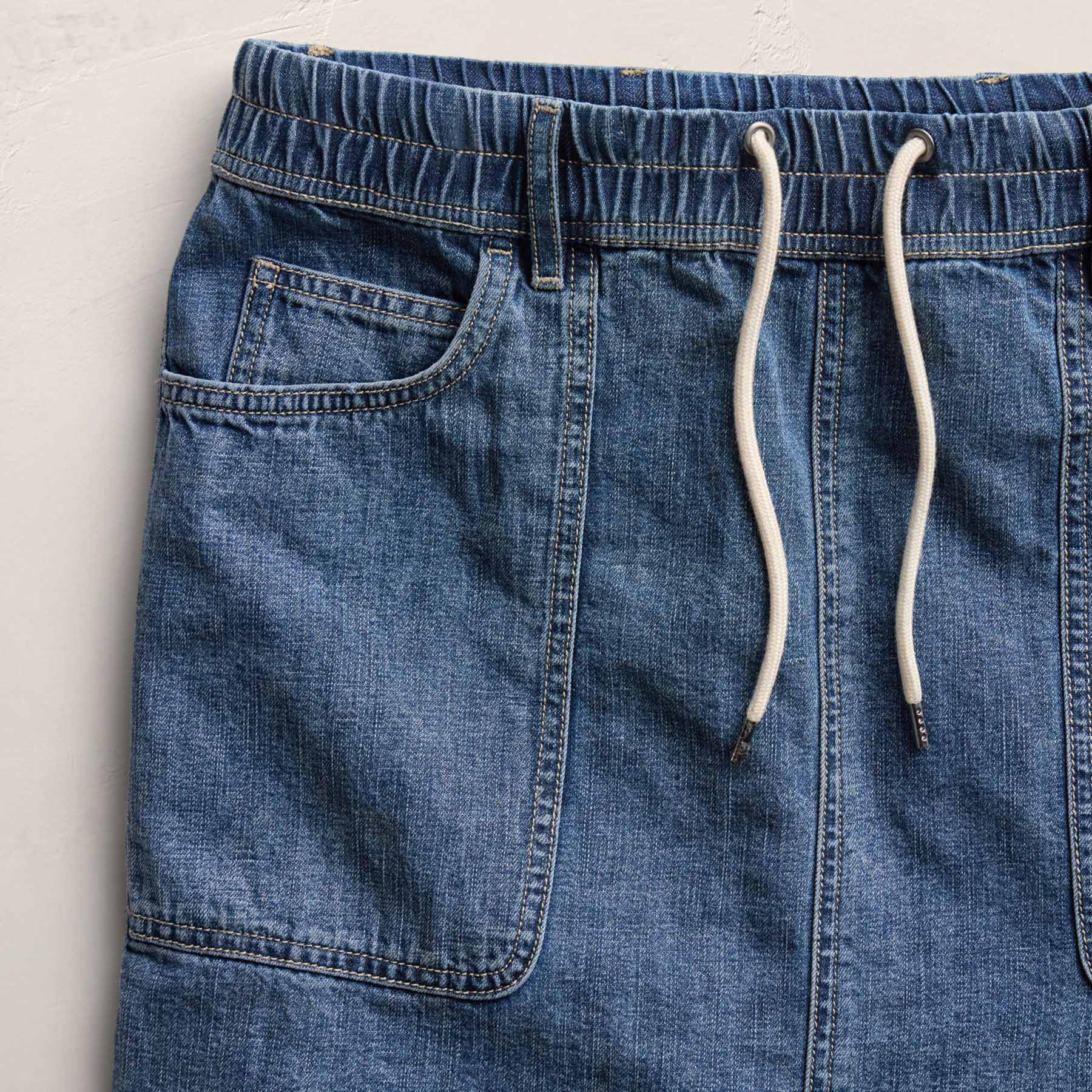 Drawstring Denim Mini Skirt - Blue Wash