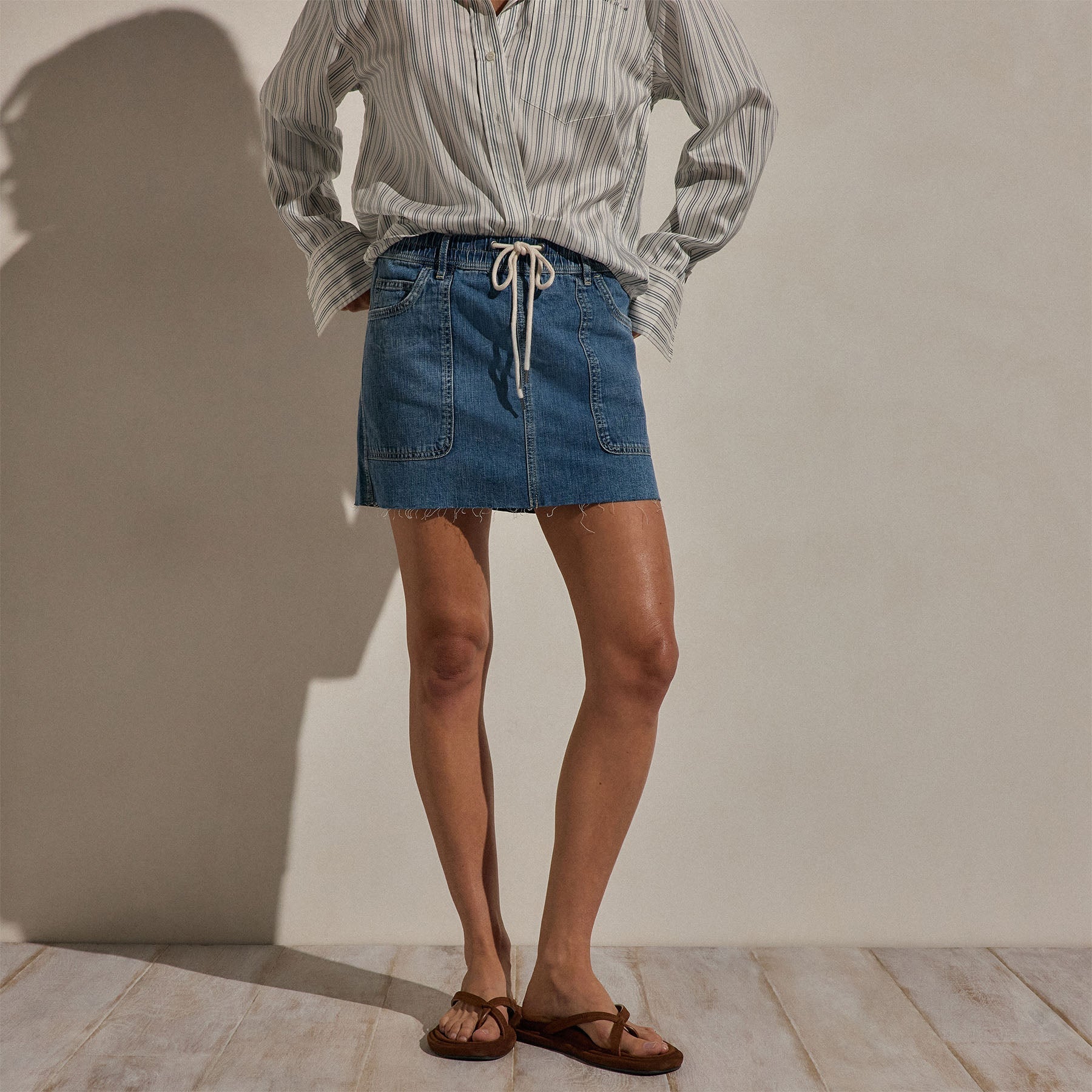 Drawstring Denim Mini Skirt - Blue Wash