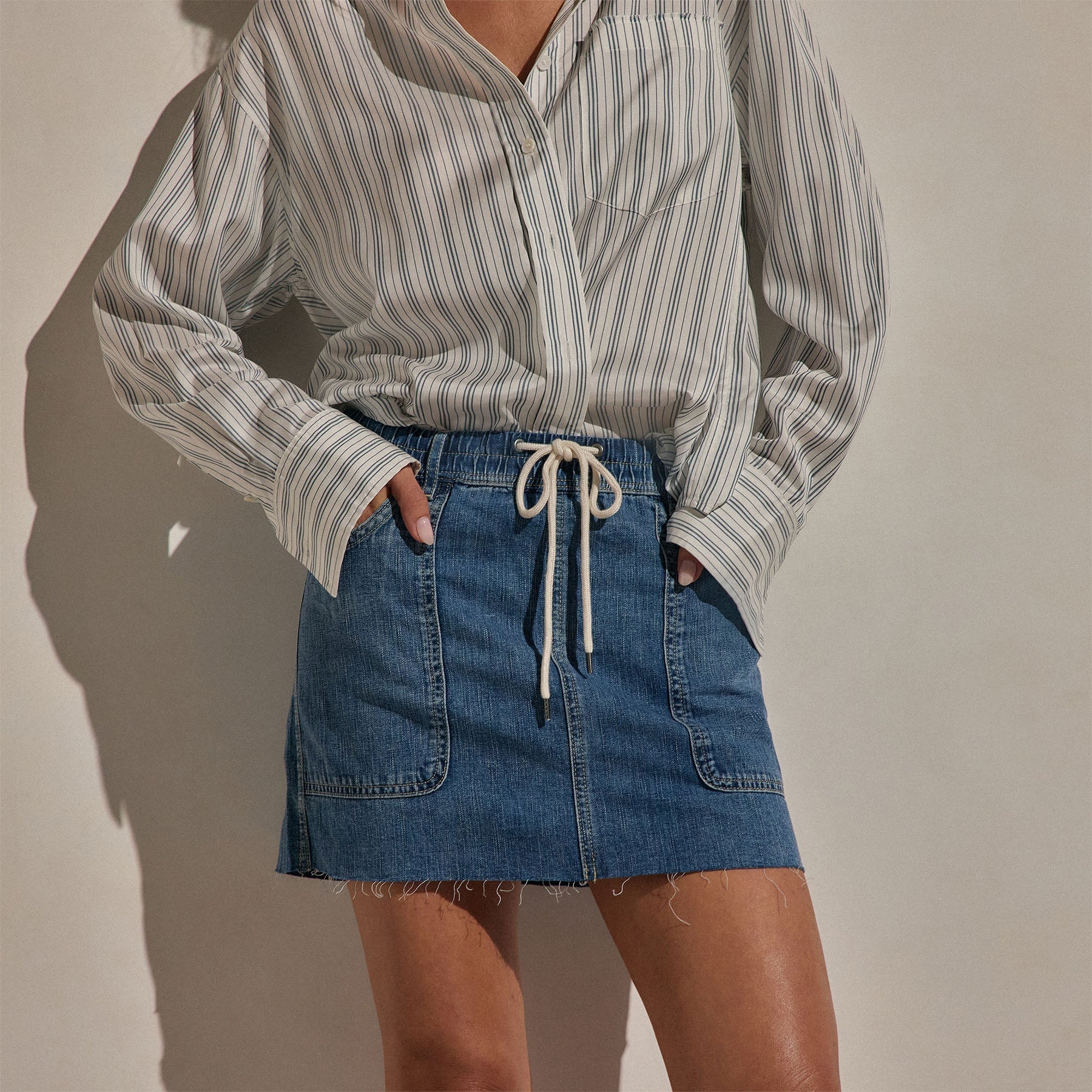 Drawstring Denim Mini Skirt - Blue Wash