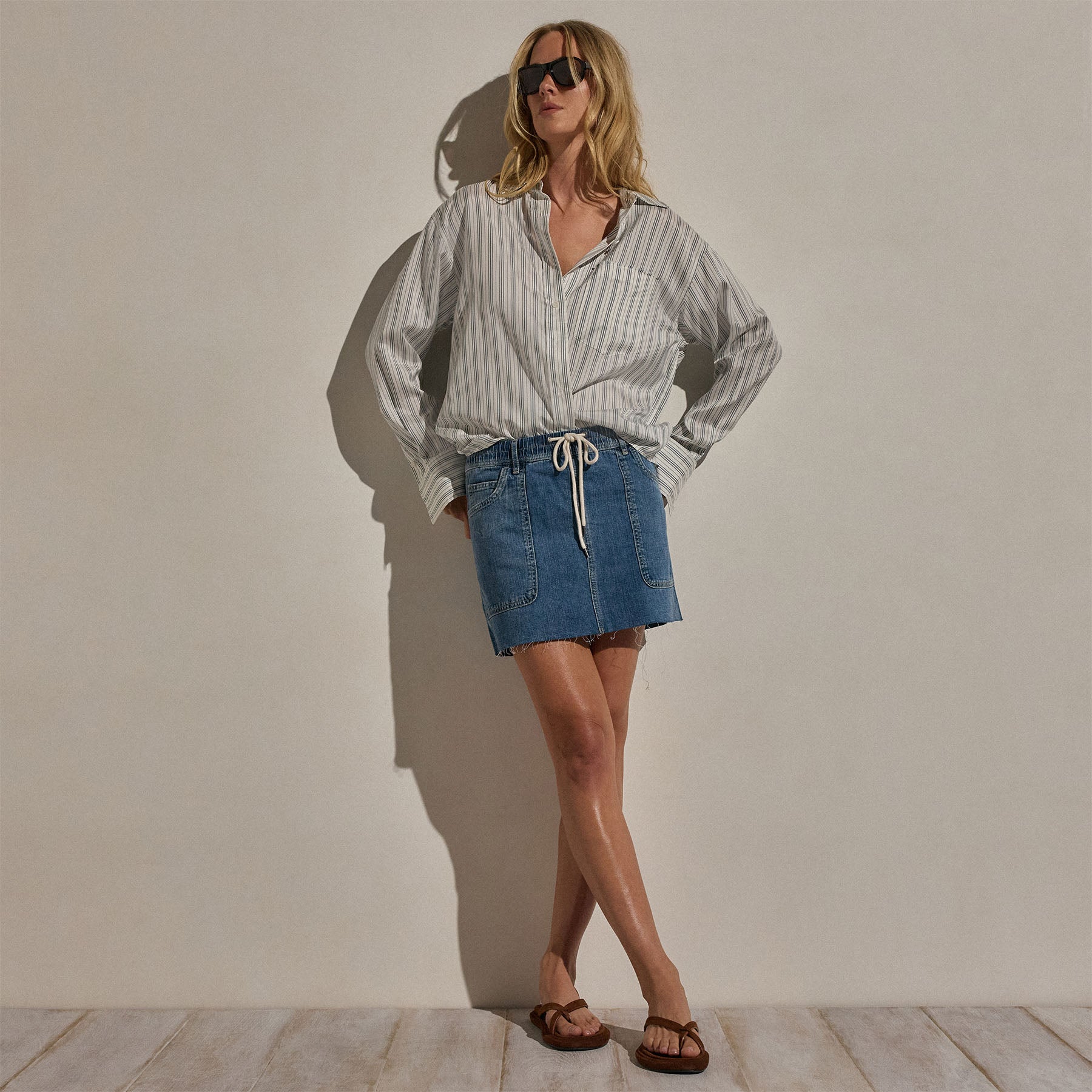 Drawstring Denim Mini Skirt - Blue Wash