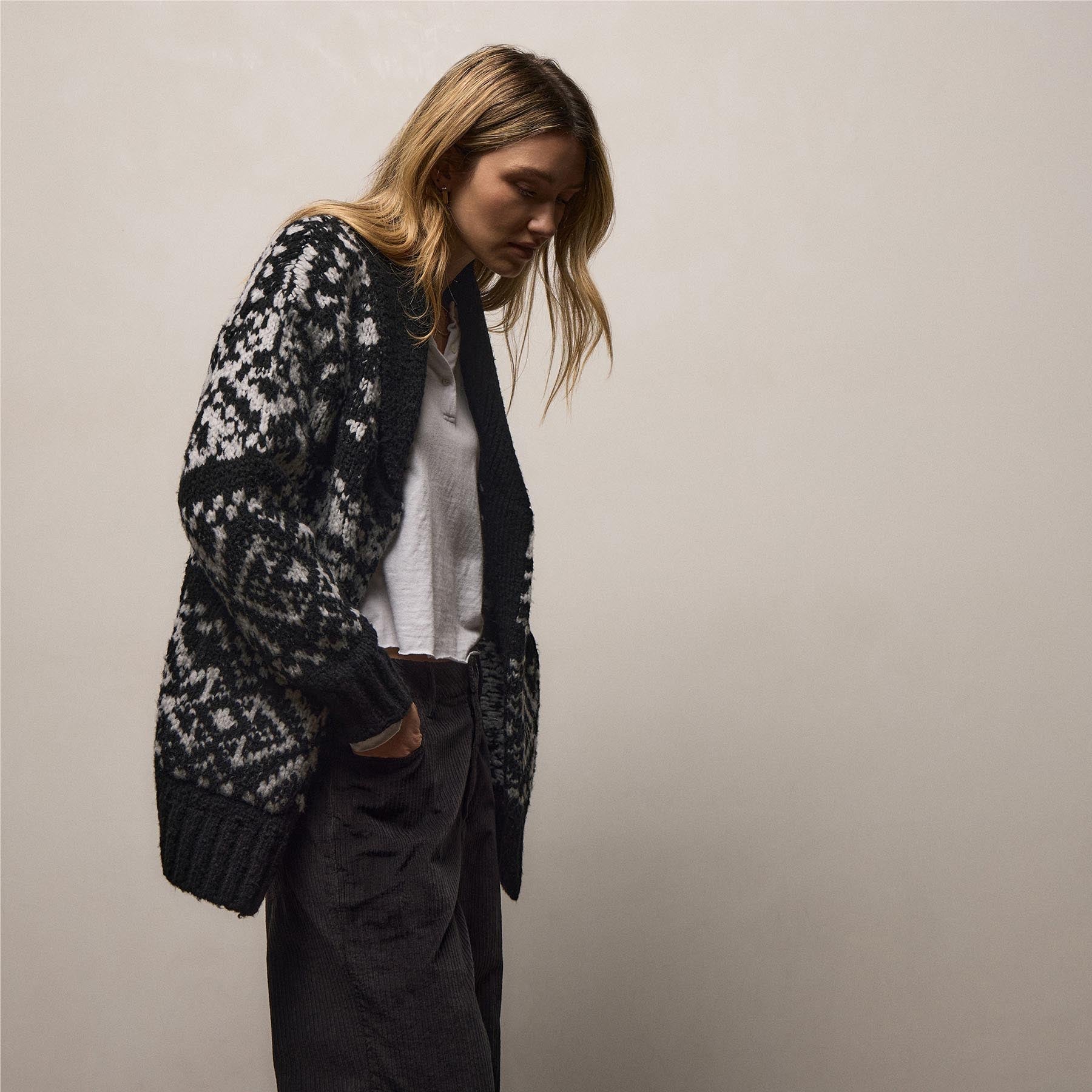 Chalet Intarsia Cardigan - Black/Heather Grey
