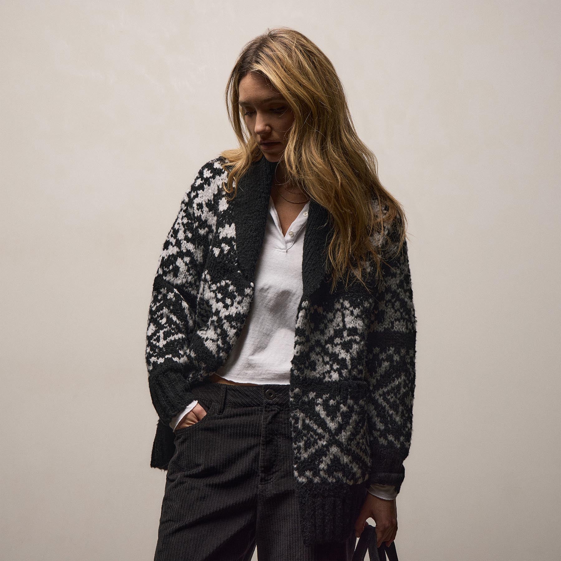 Chalet Intarsia Cardigan - Black/Heather Grey