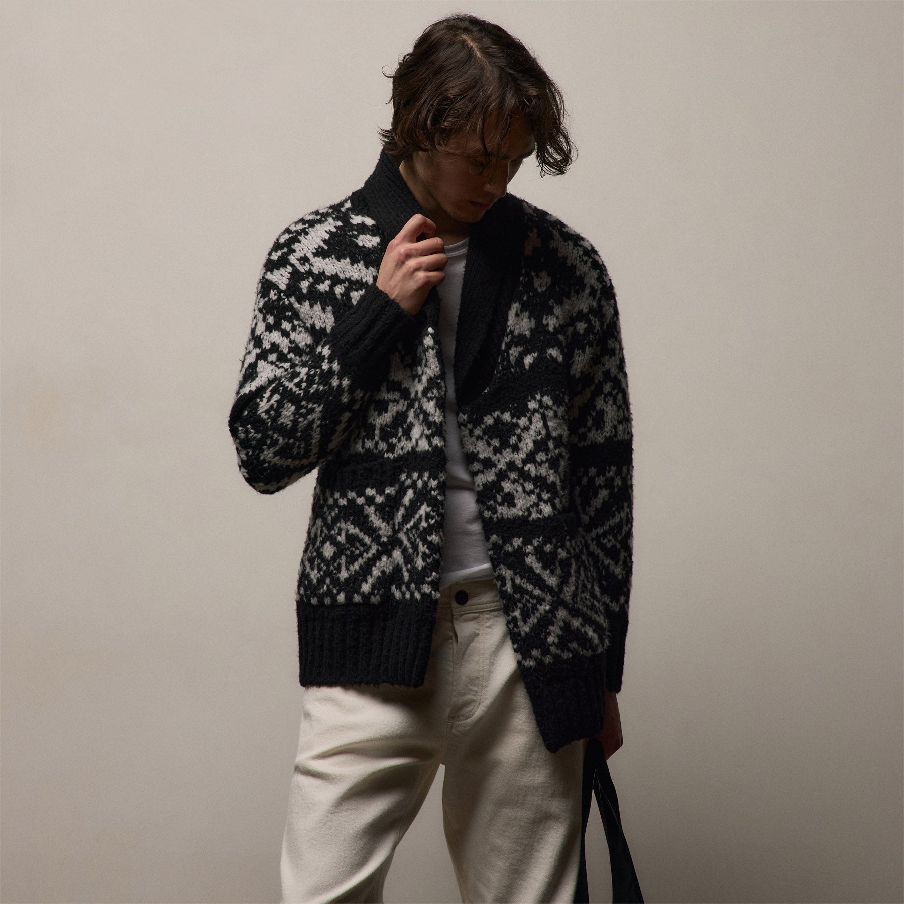 Chalet Intarsia Cardigan - Black/Heather Grey