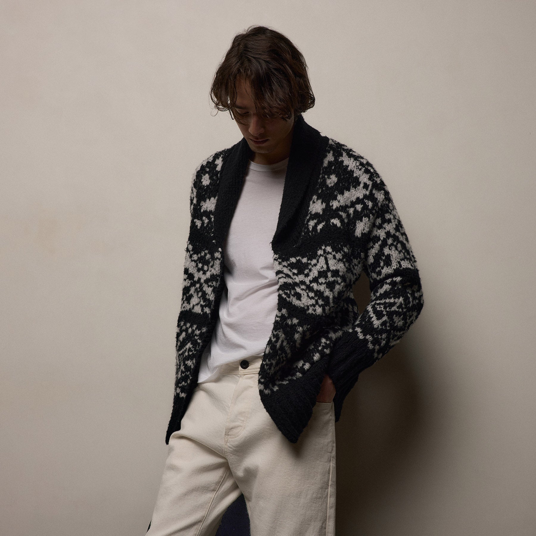 Chalet Intarsia Cardigan - Black/Heather Grey