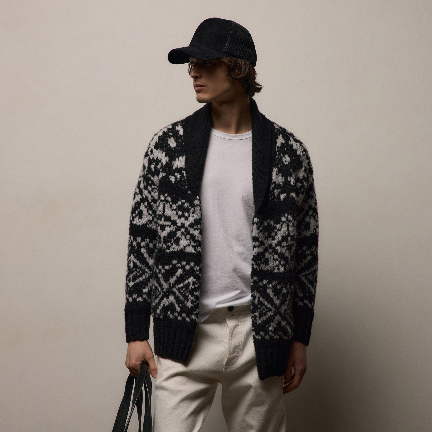 Chalet Intarsia Cardigan - Black/Heather Grey