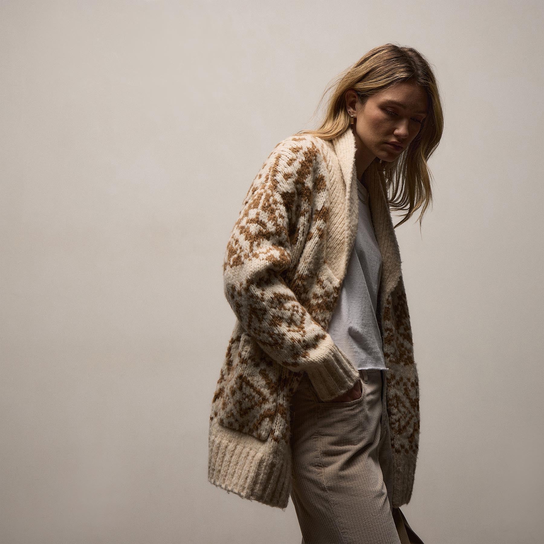 Chalet Intarsia Cardigan - Ivory/Whiskey