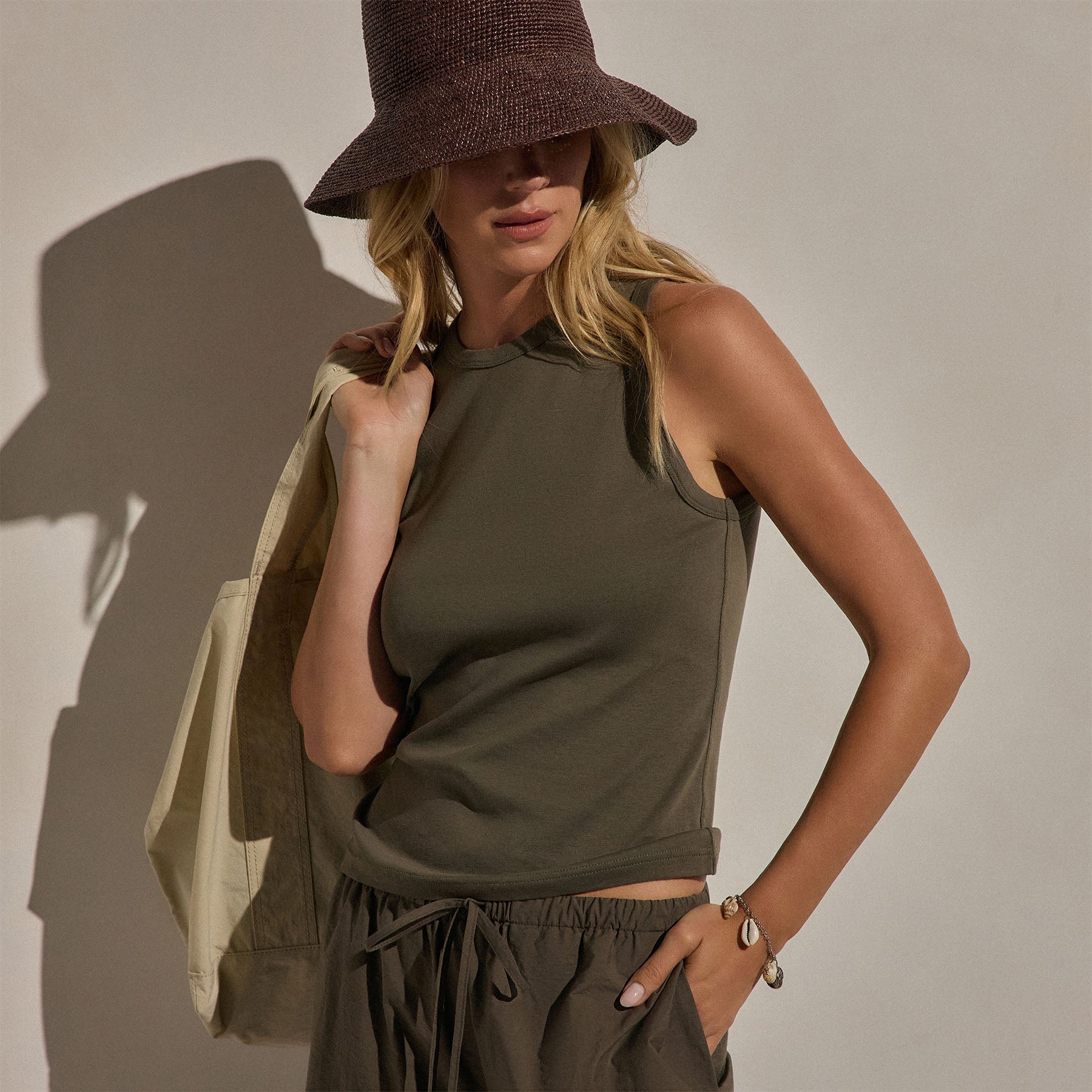 Compact Cotton High Neck Tank - Army Green