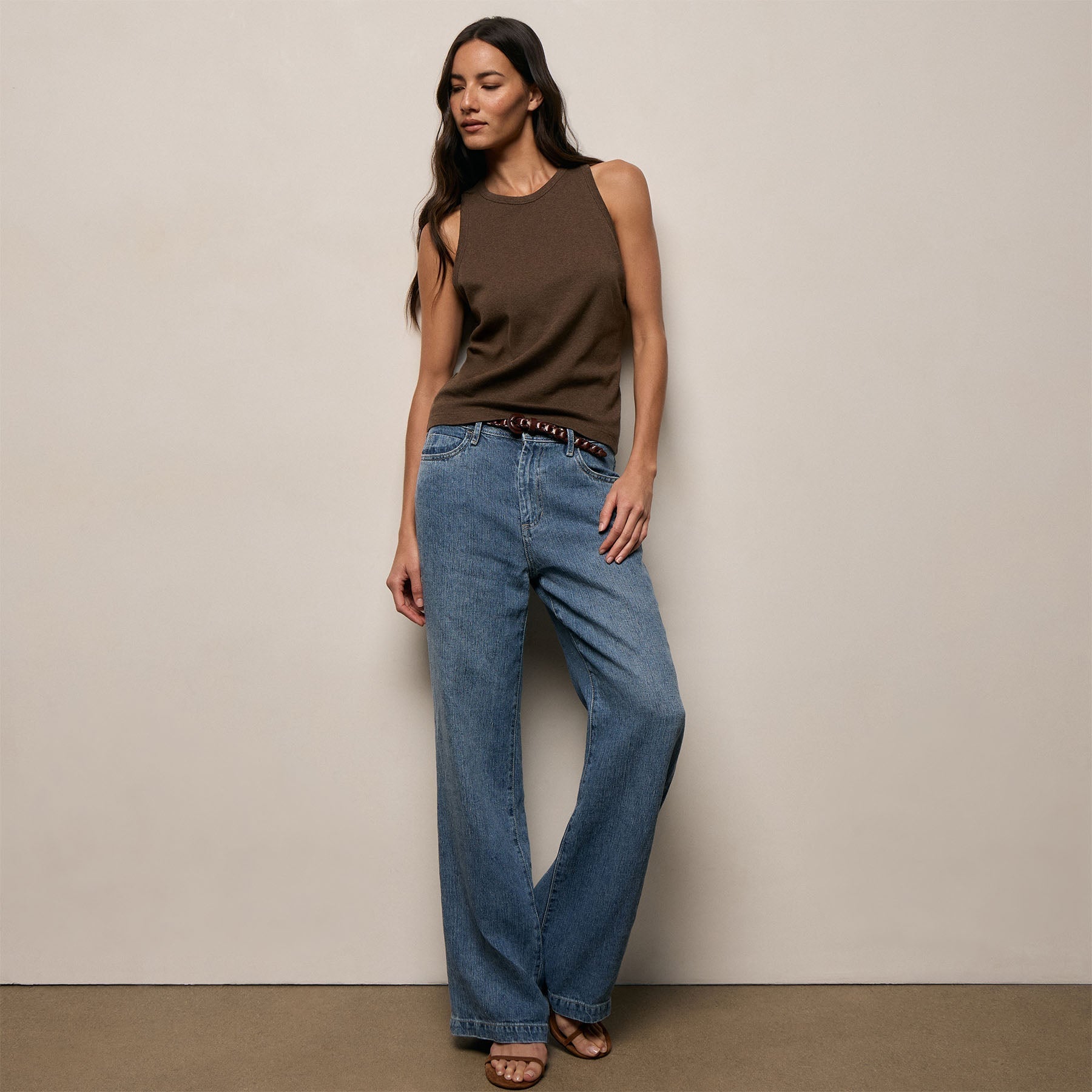 Compact Cotton High Neck Tank - Brown Melange