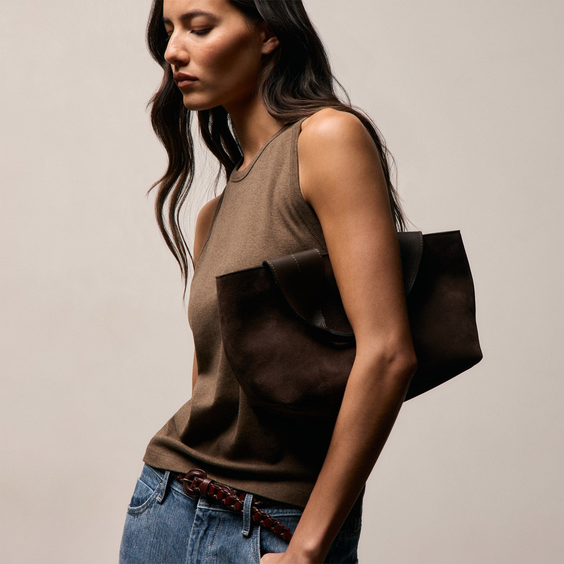 Compact Cotton High Neck Tank - Brown Melange