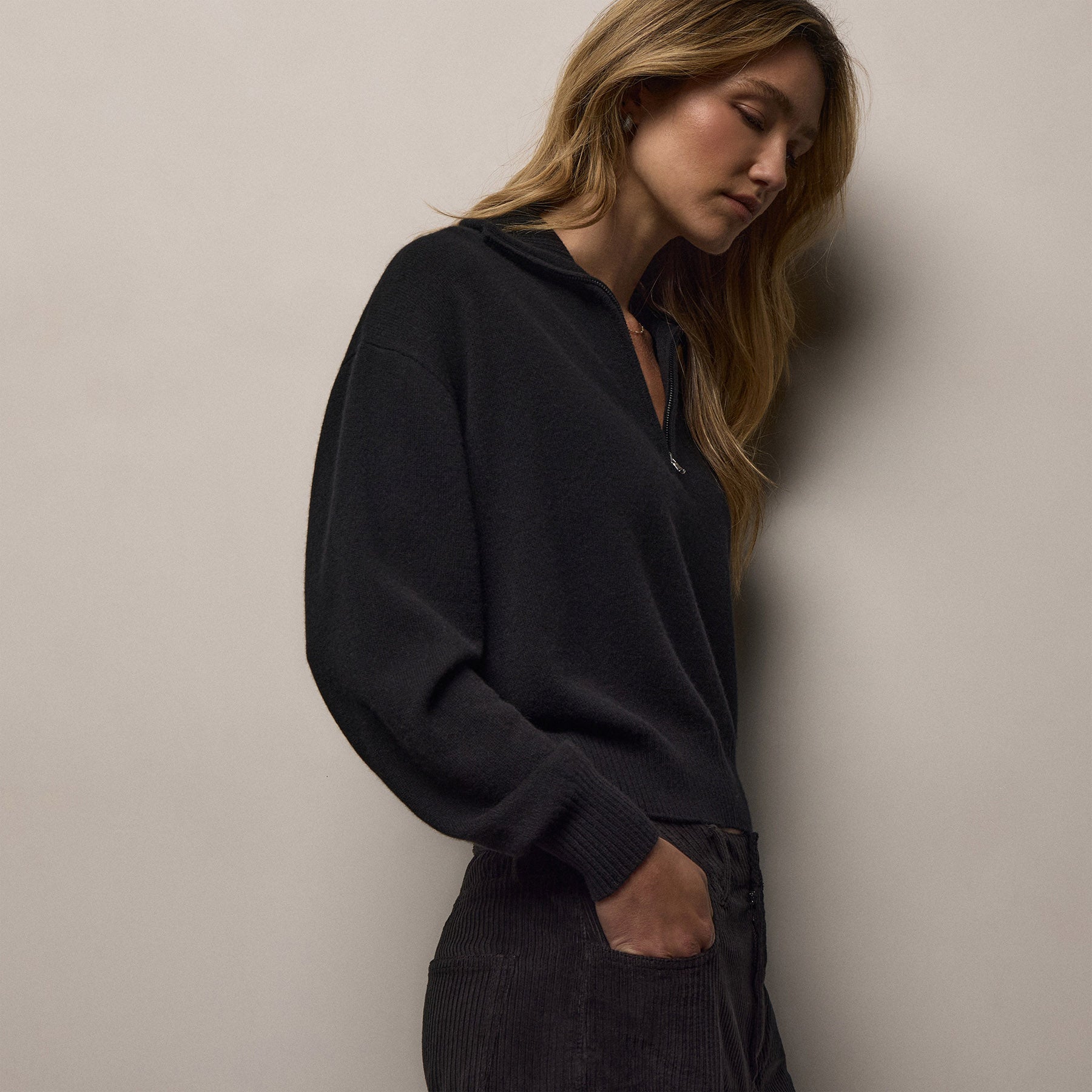 Italian Spun Cashmere Half Zip - Black/Anthracite