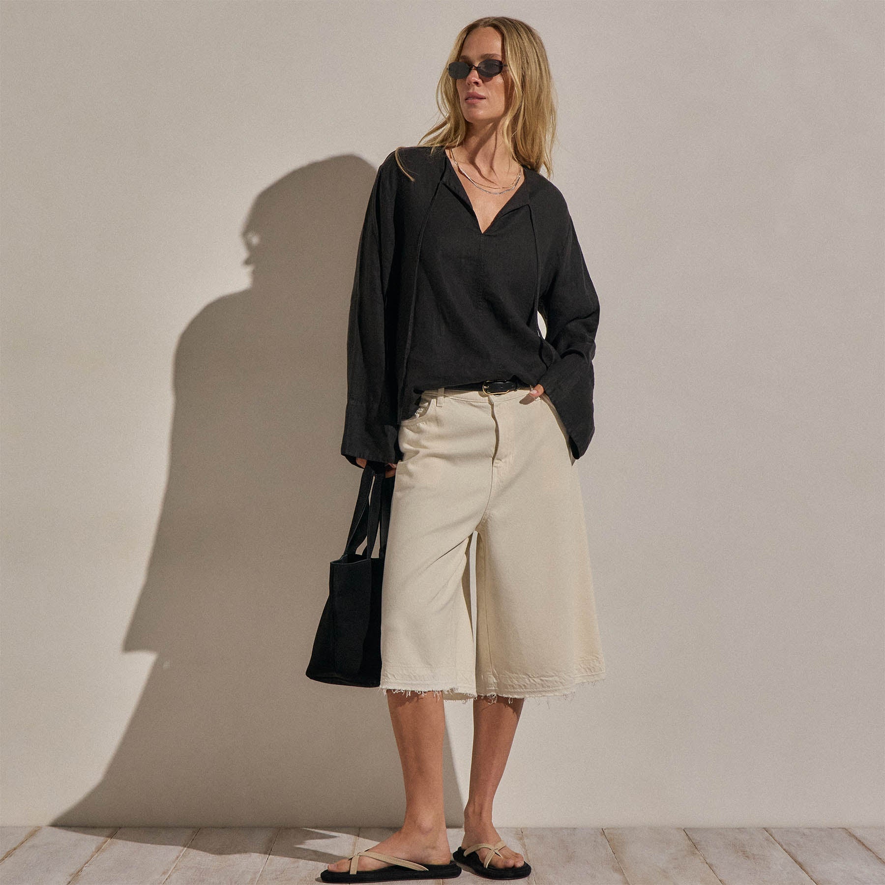 Linen Tie Front Tunic Top - Black