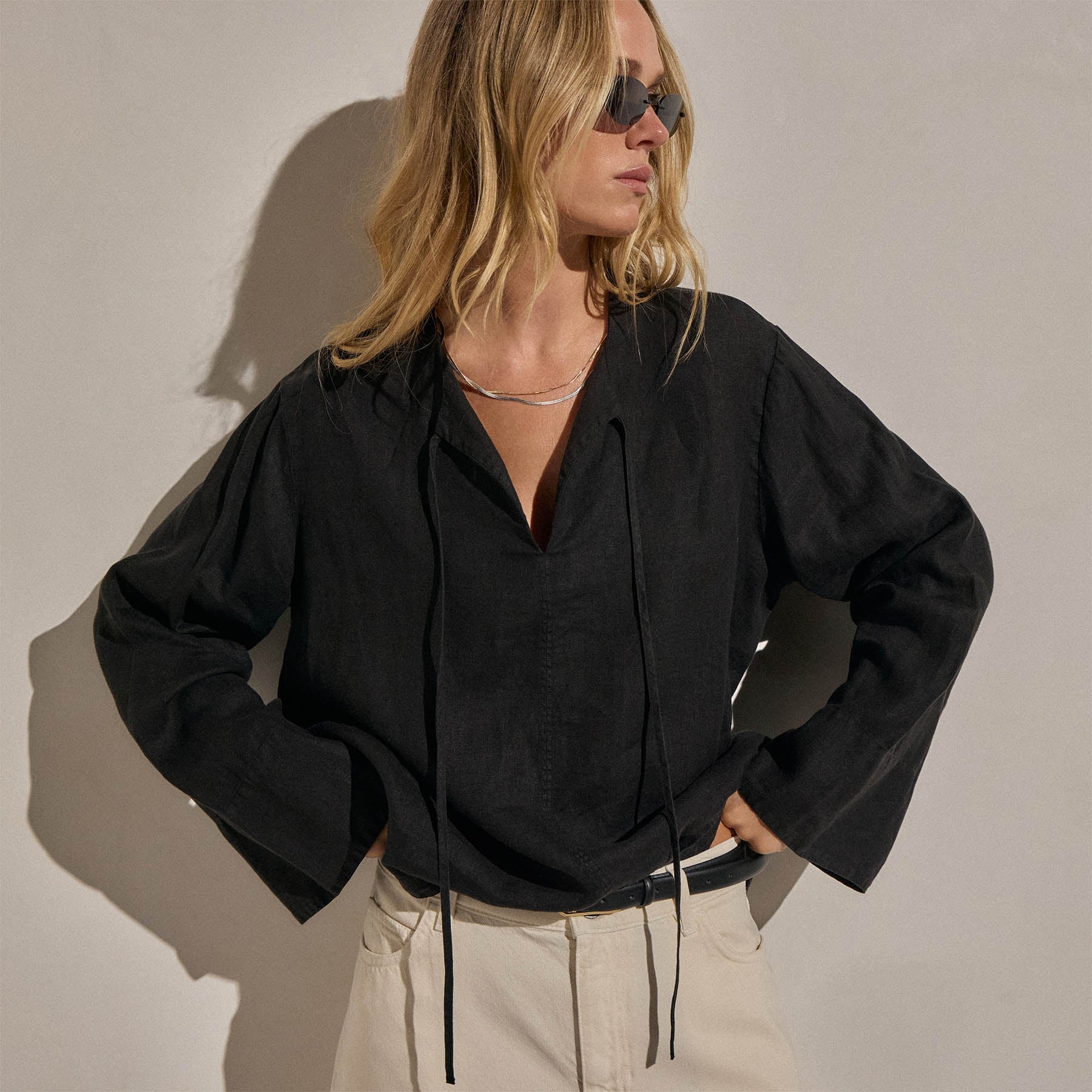 Linen Tie Front Tunic Top - Black
