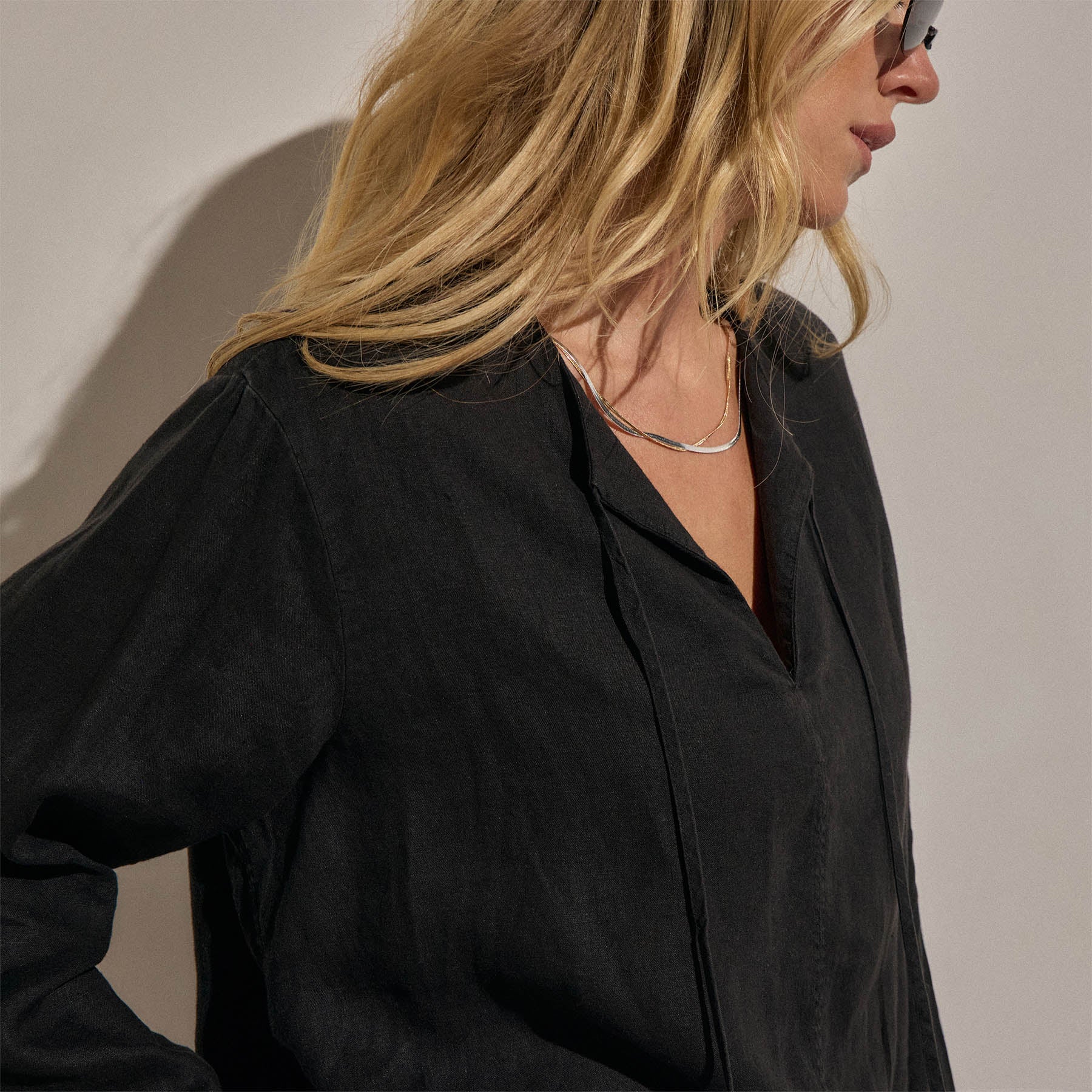 Linen Tie Front Tunic Top - Black
