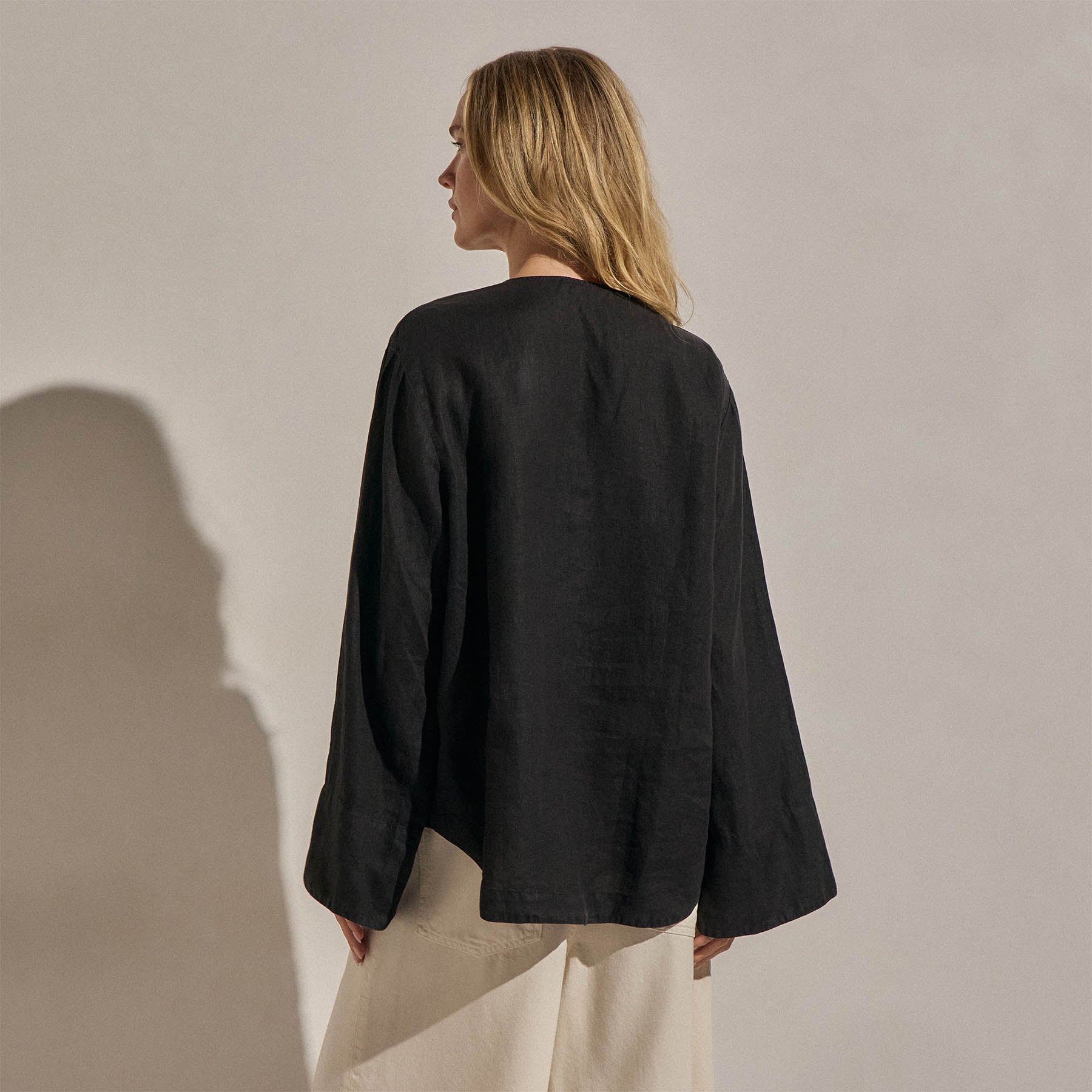 Linen Tie Front Tunic Top - Black