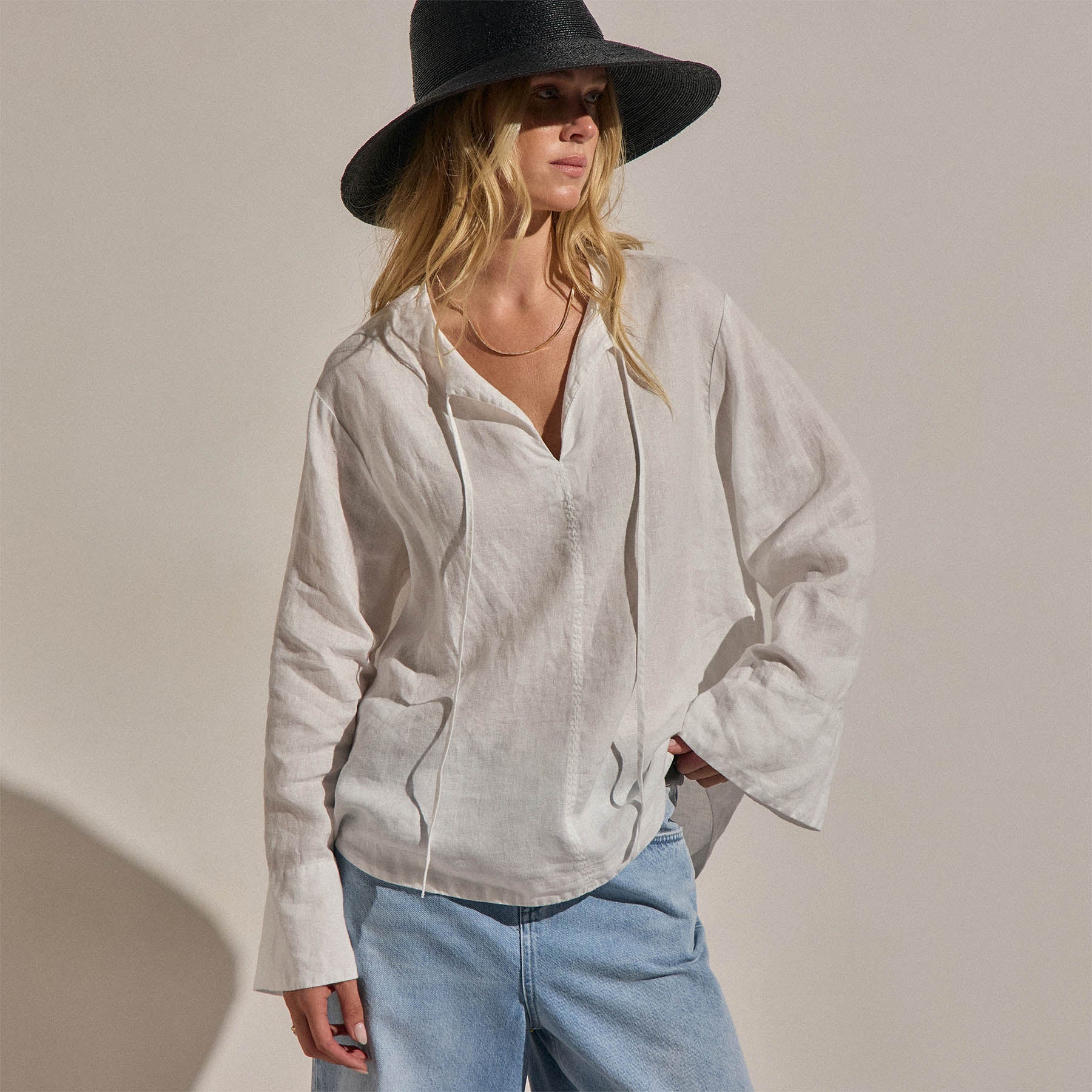 Linen Tie Front Tunic Top - White